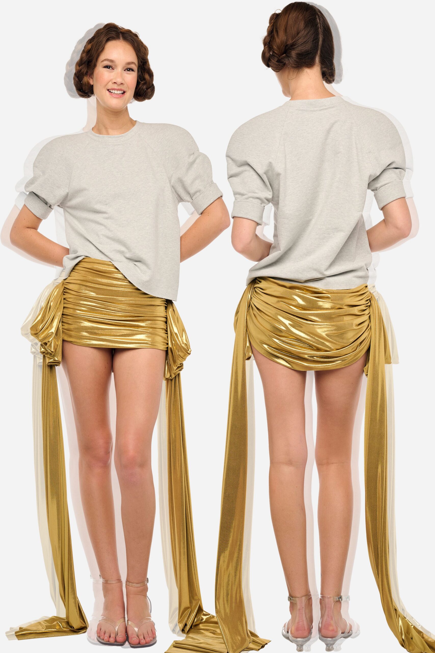 gold satin fitted ruched shiny mini skirt