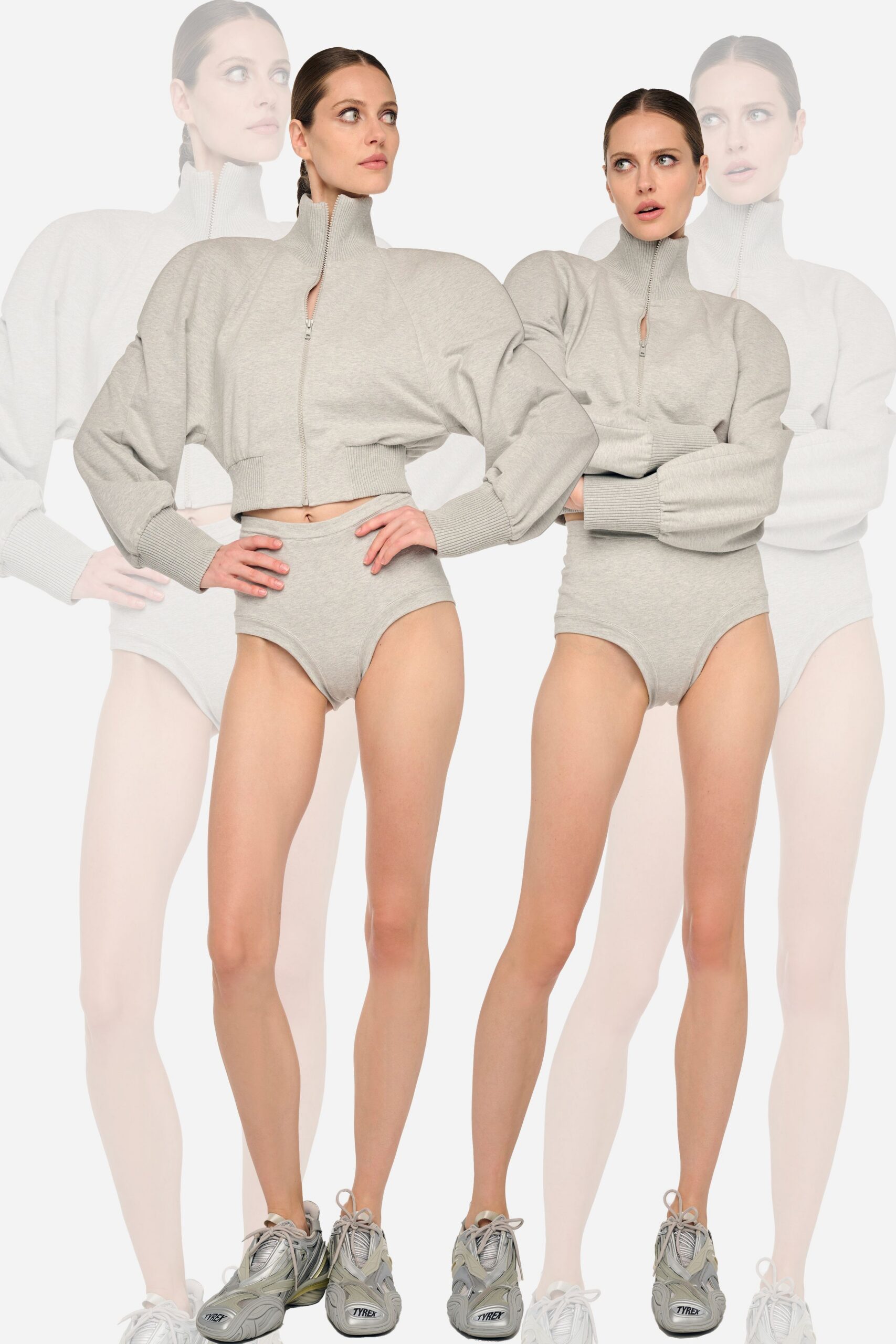 gray cropped jacket and bodysuit