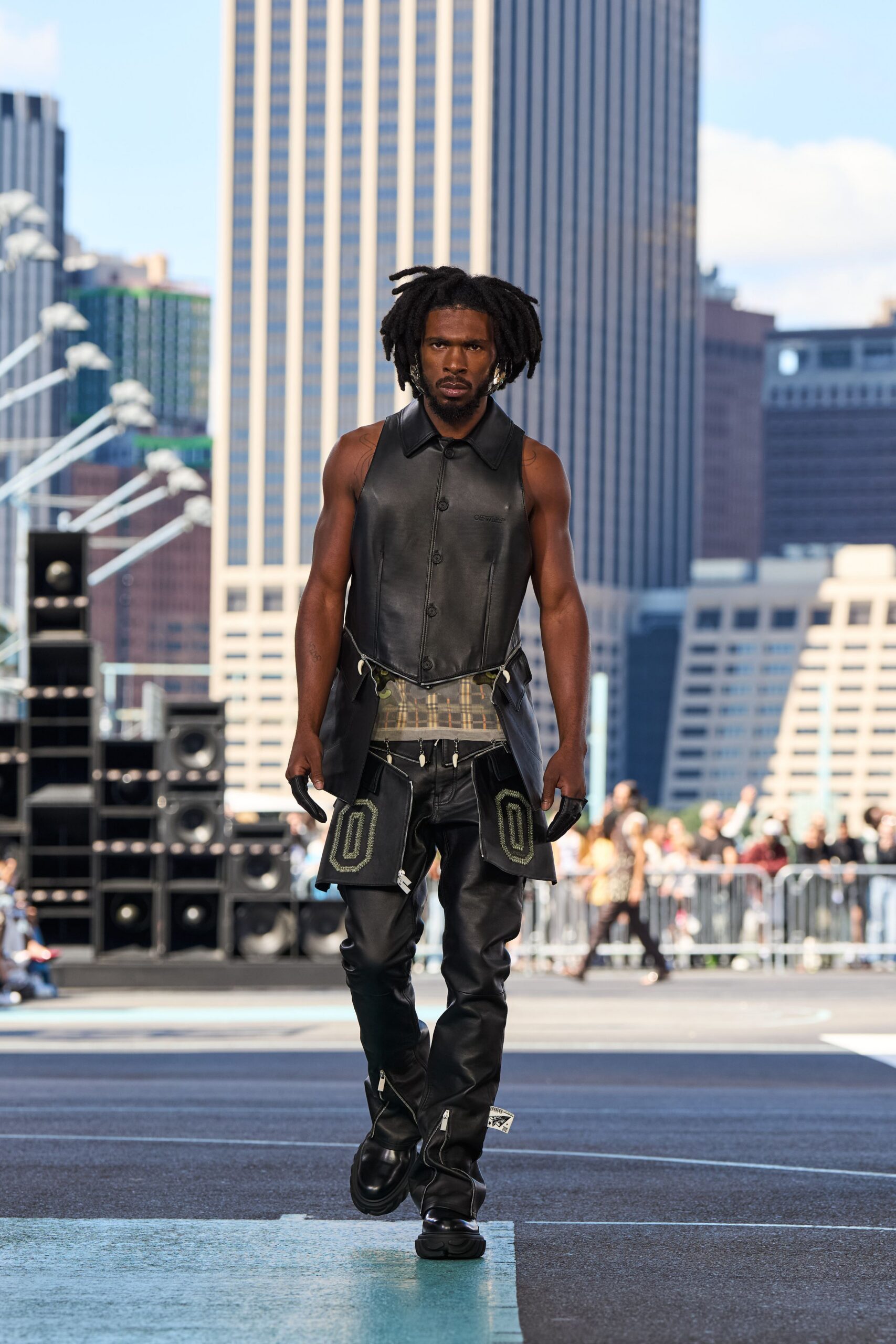 black leather sleeveless collared fitted shirt