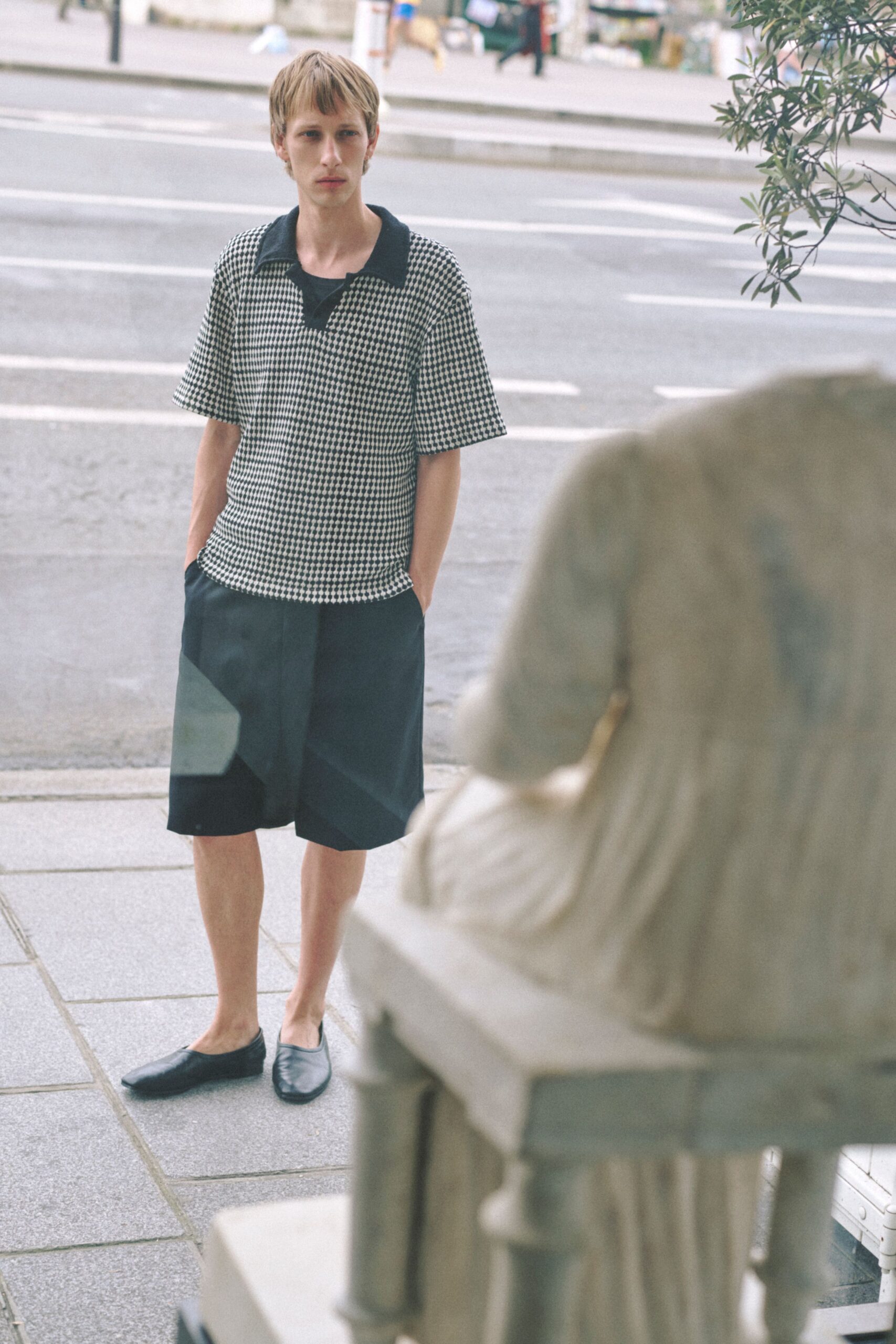 relaxed black and white checked shirt with shorts