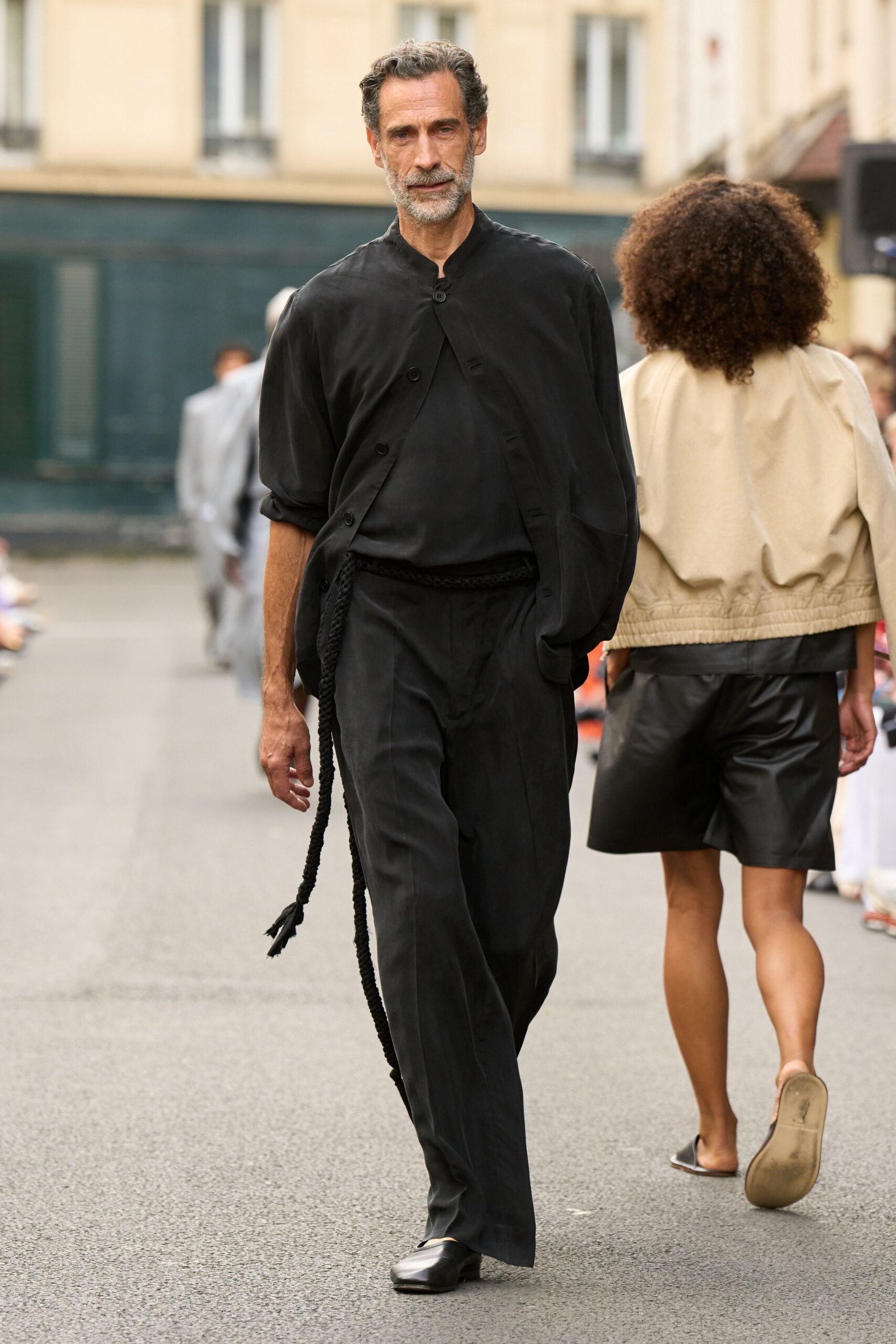 black relaxed jacket with fitted pants