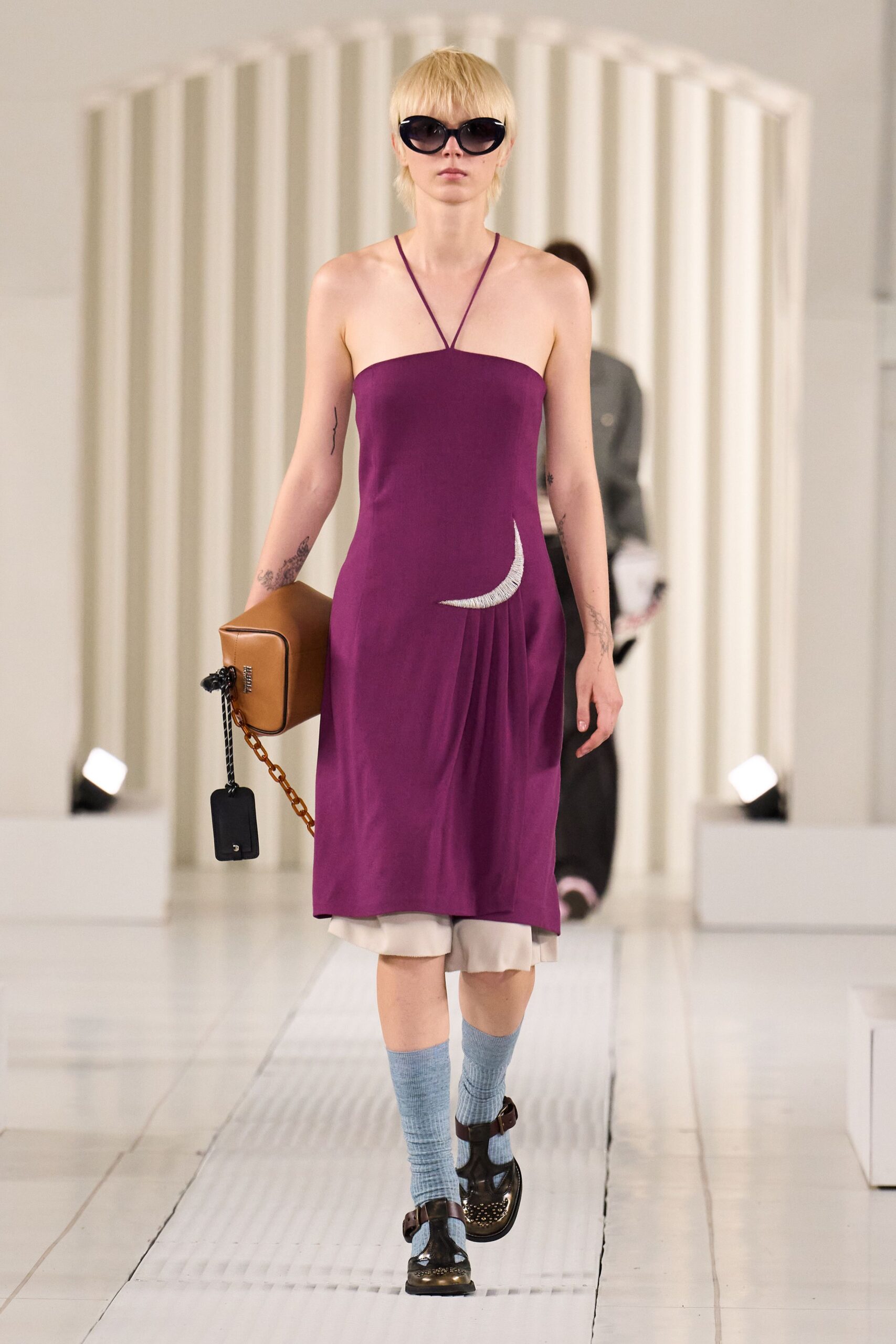 purple cotton sleeveless v-neck fitted embellished midi dress