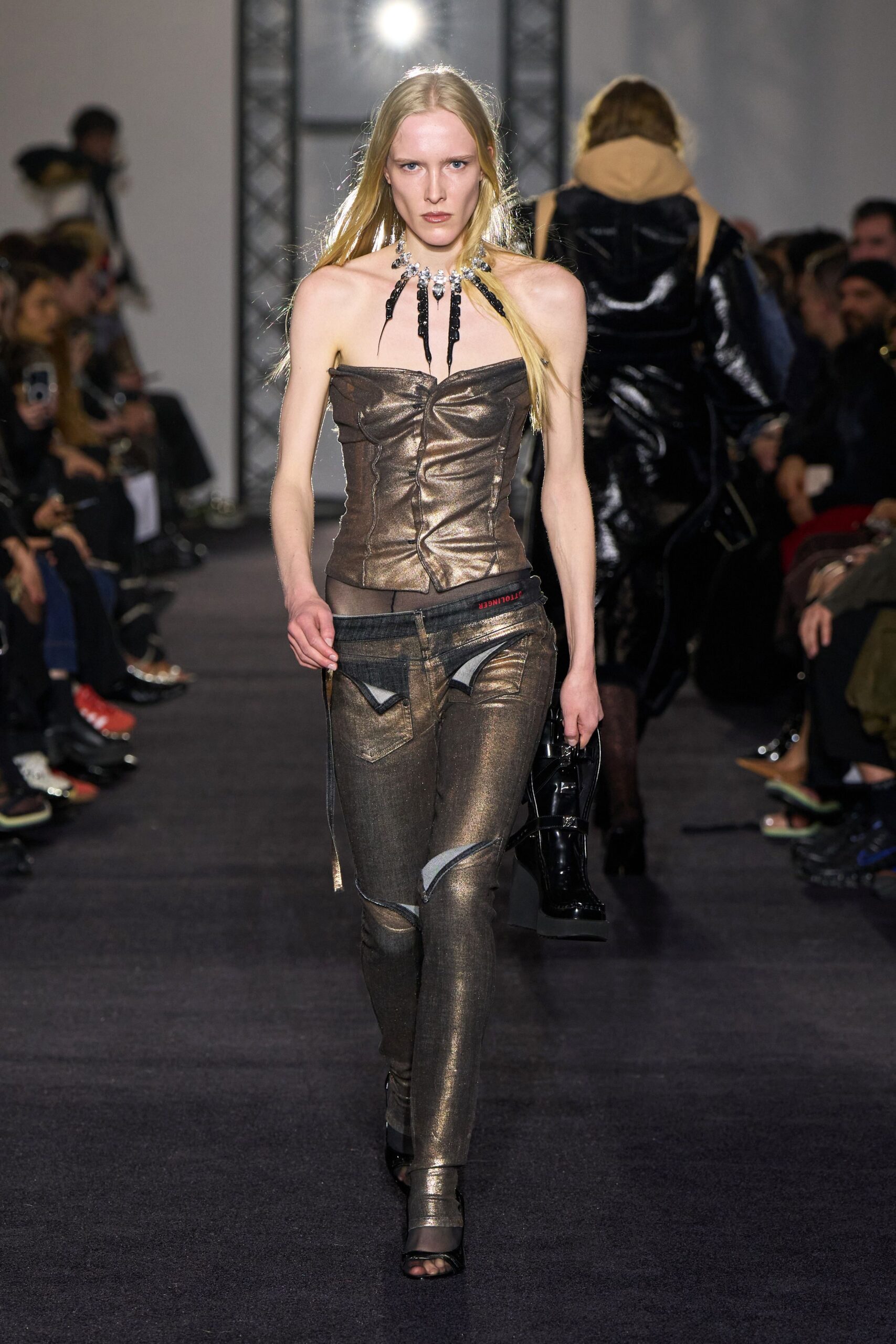 gold leather strapless fitted zippered shiny corset