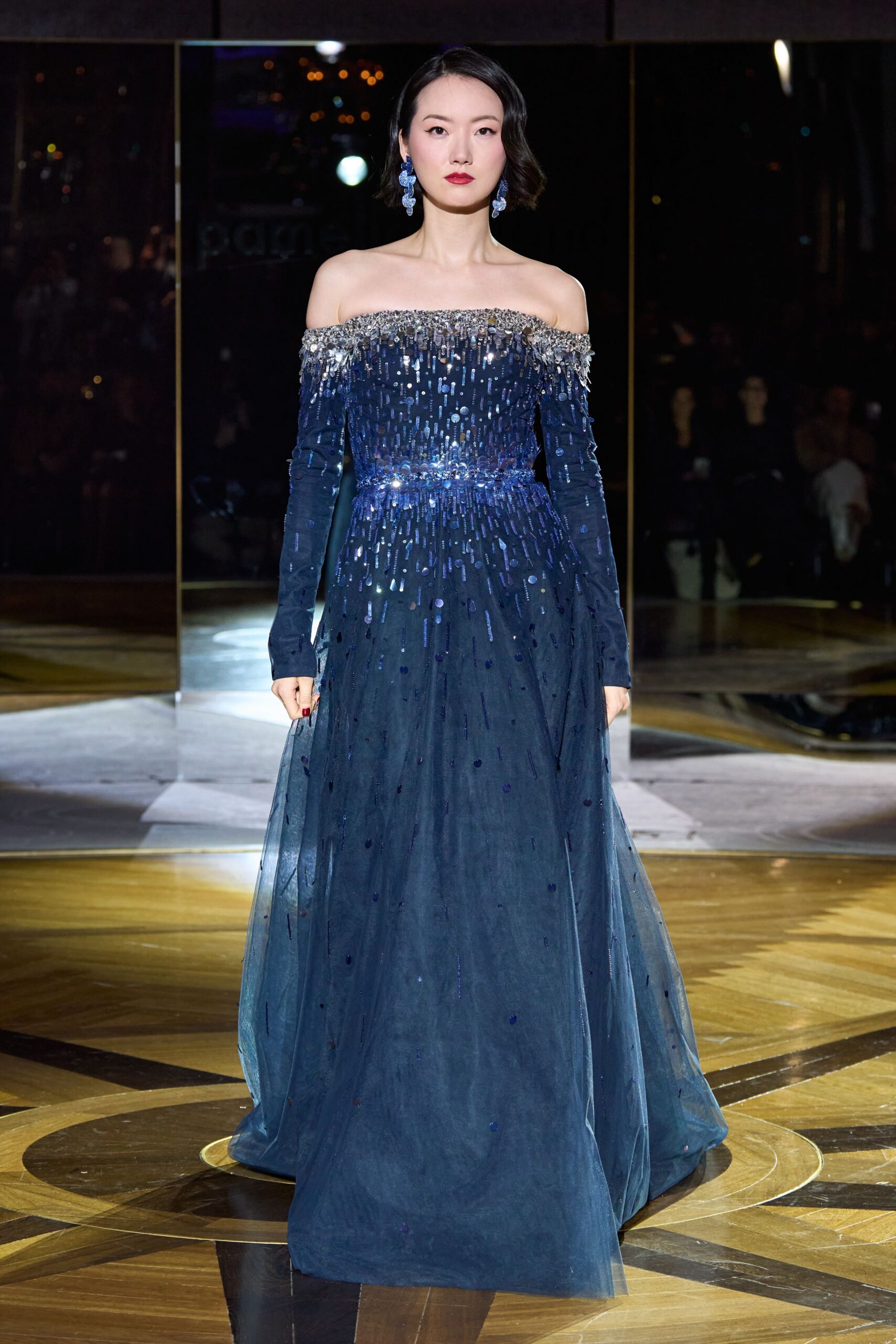 blue beaded off-shoulder gown