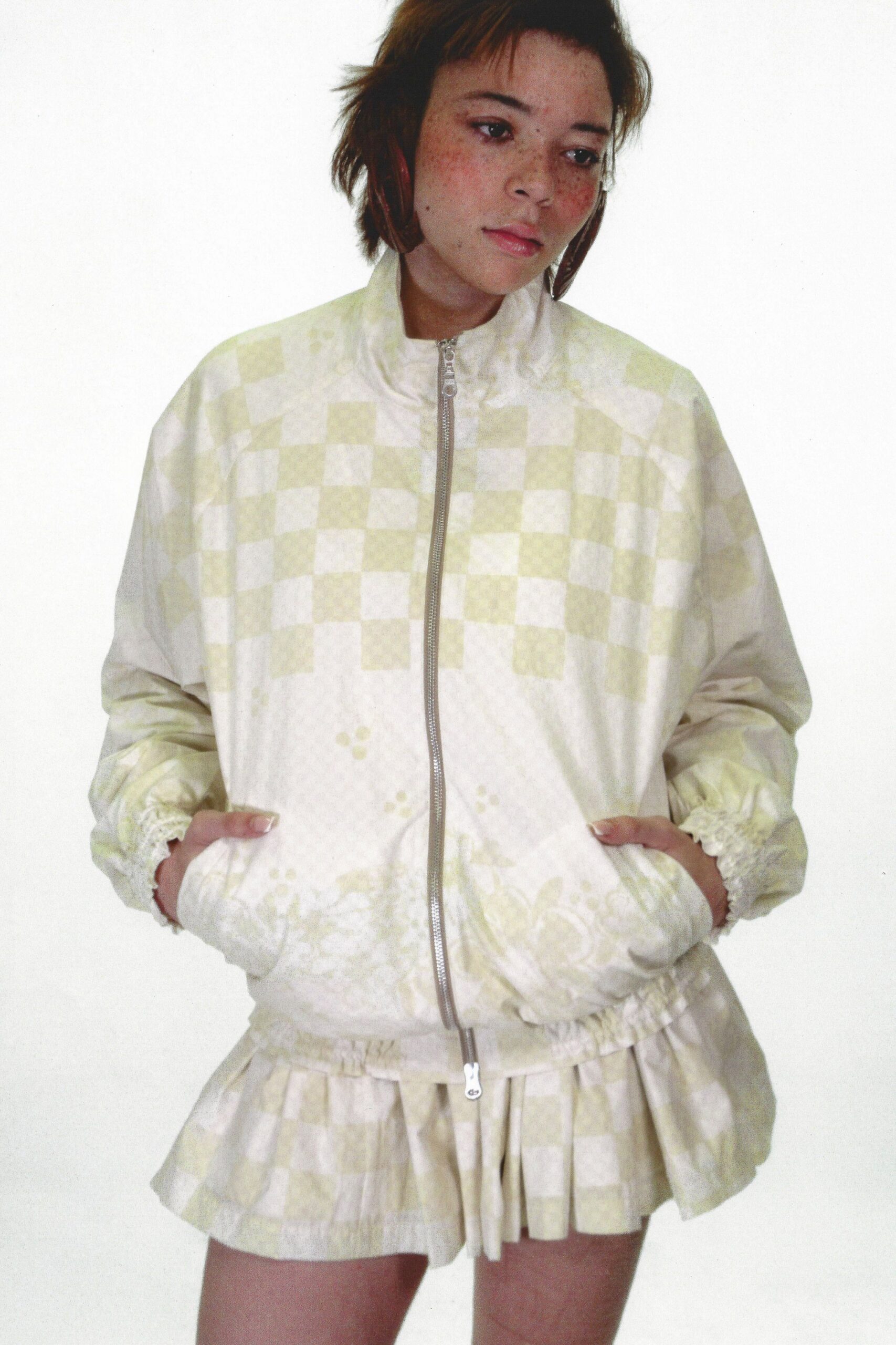 white yellow checked jacket and mini skirt
