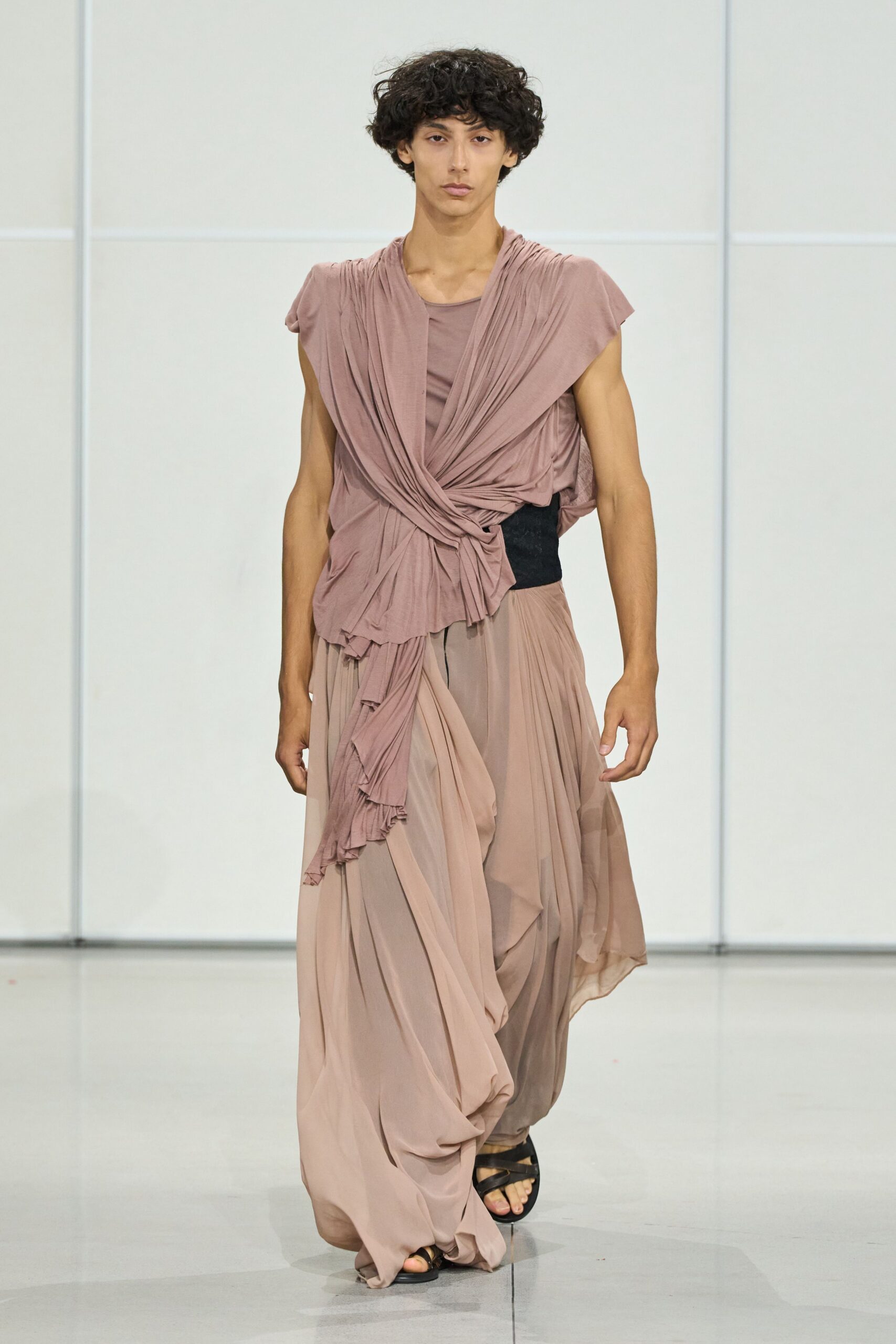 pink chiffon sleeveless v-neck relaxed draped flowing dress