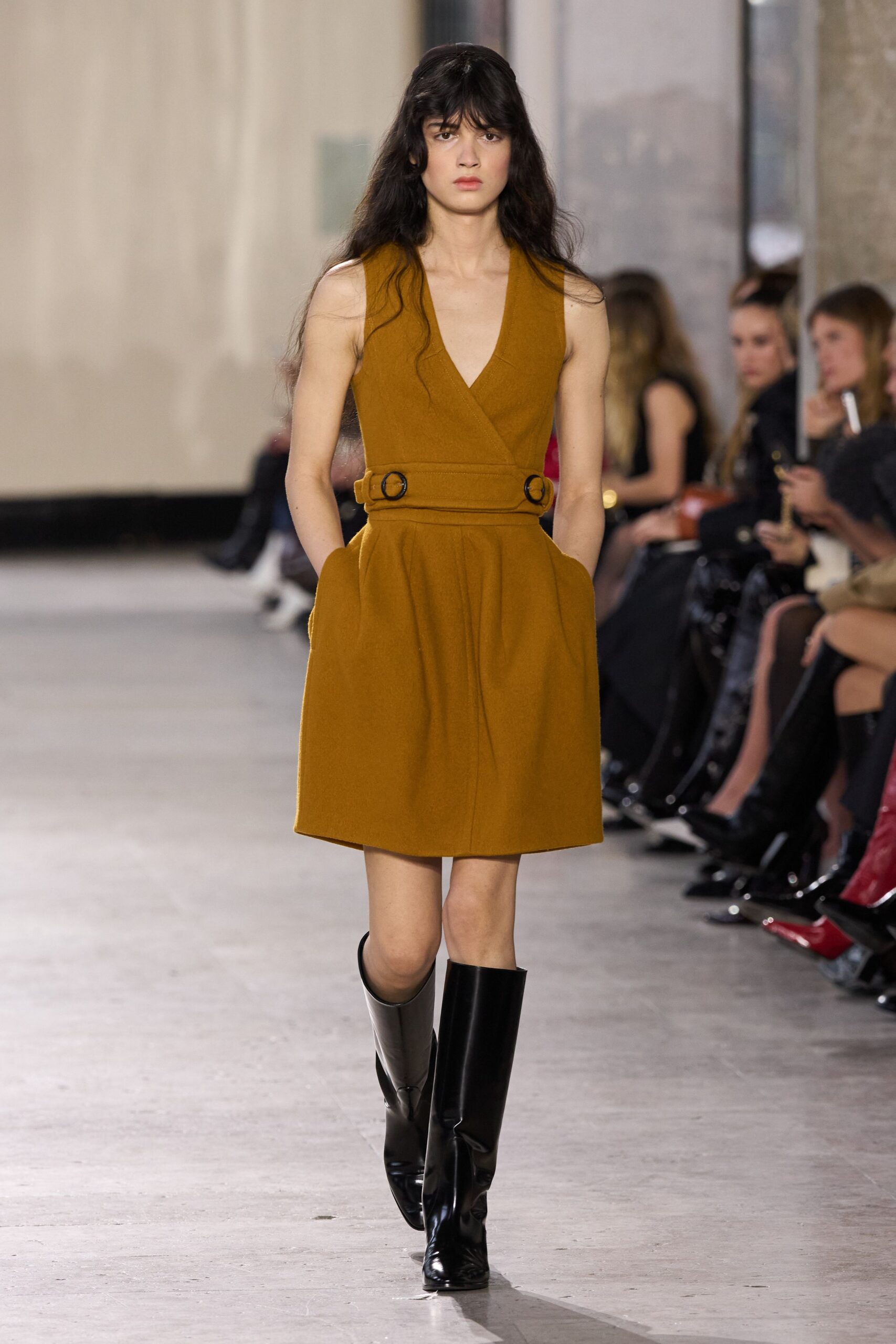 brown wool sleeveless v-neck fitted belted pockets dress
