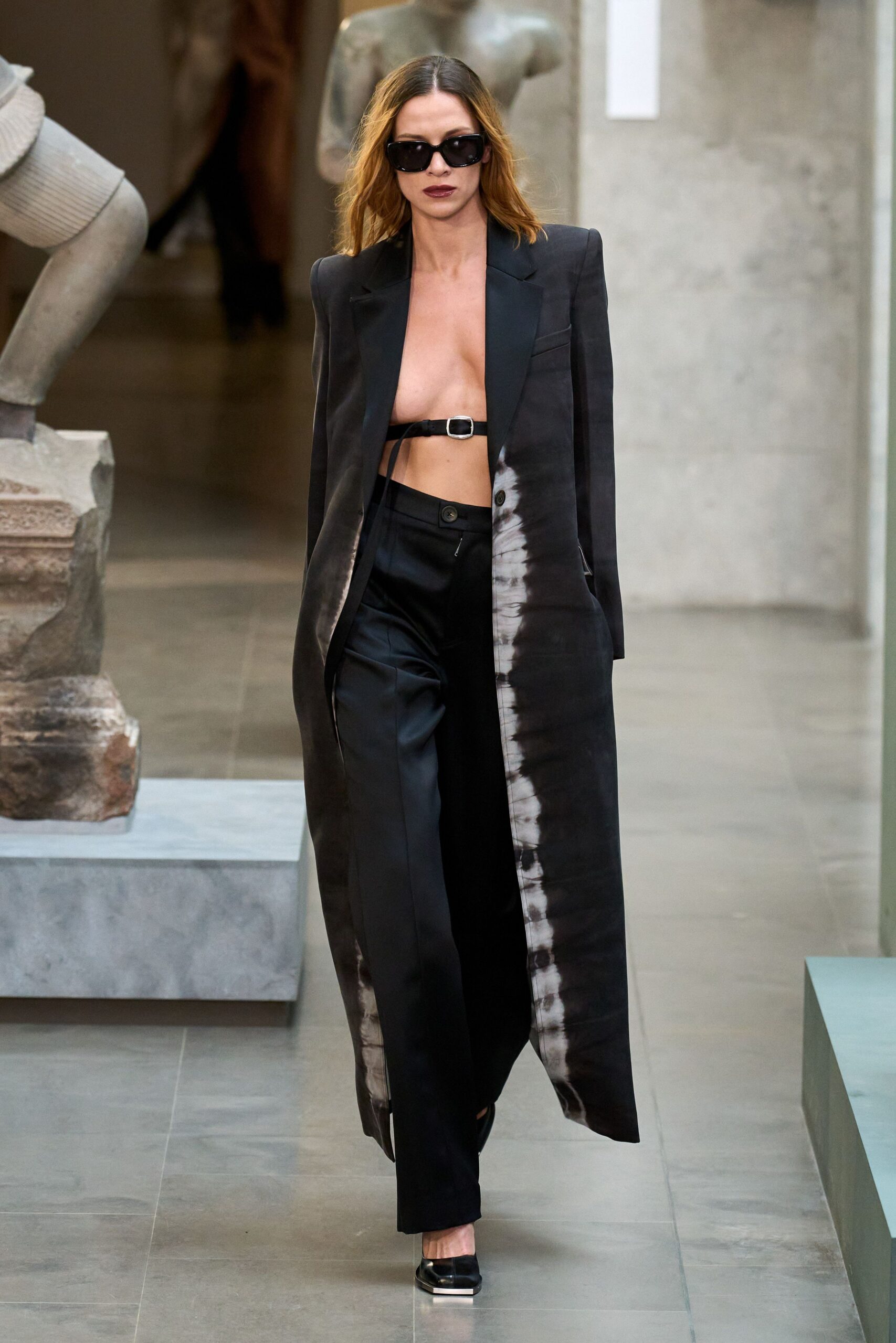 black silk long-sleeve collared fitted maxi coat
