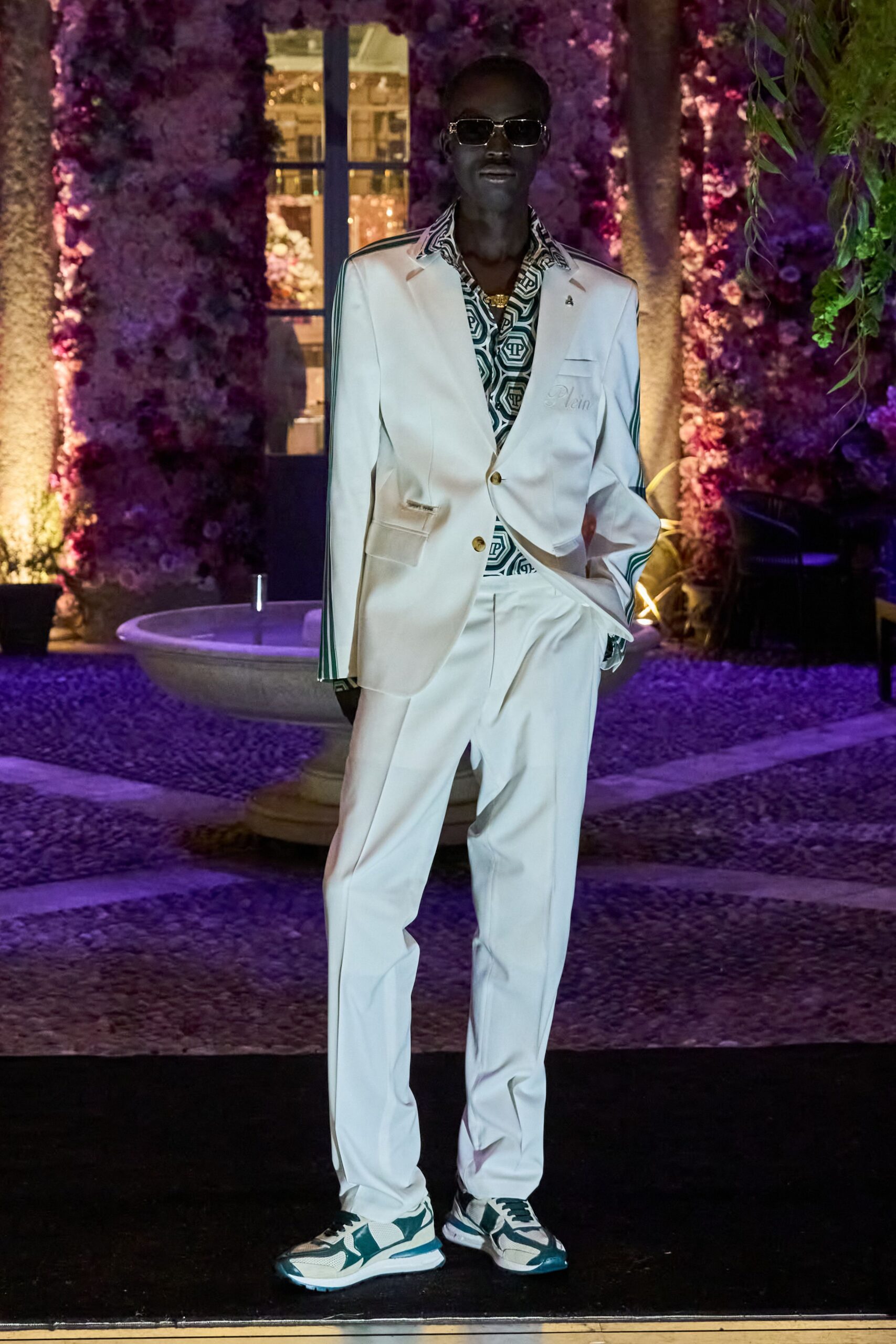 white tailored suit with printed shirt