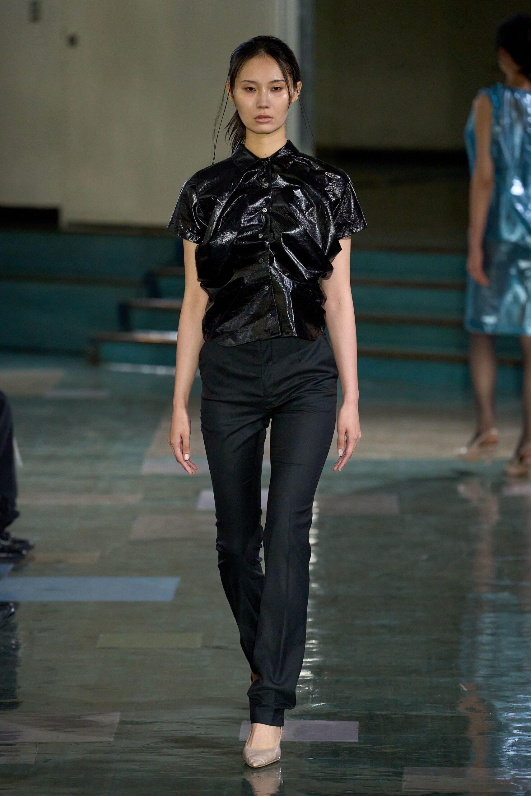 black vinyl short-sleeve collared fitted pleated shiny top