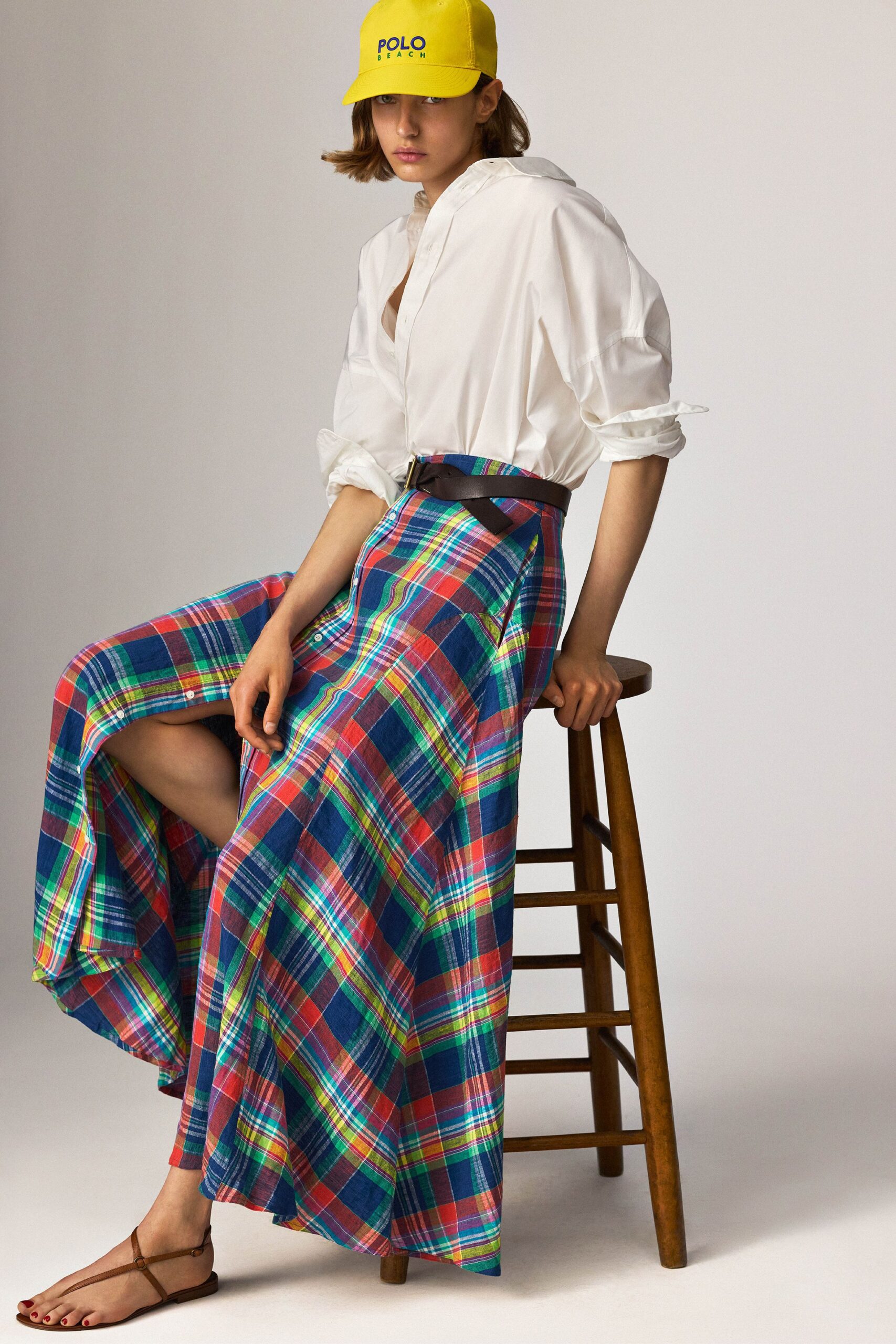 multi cotton slit fitted high-waisted pleated maxi skirt