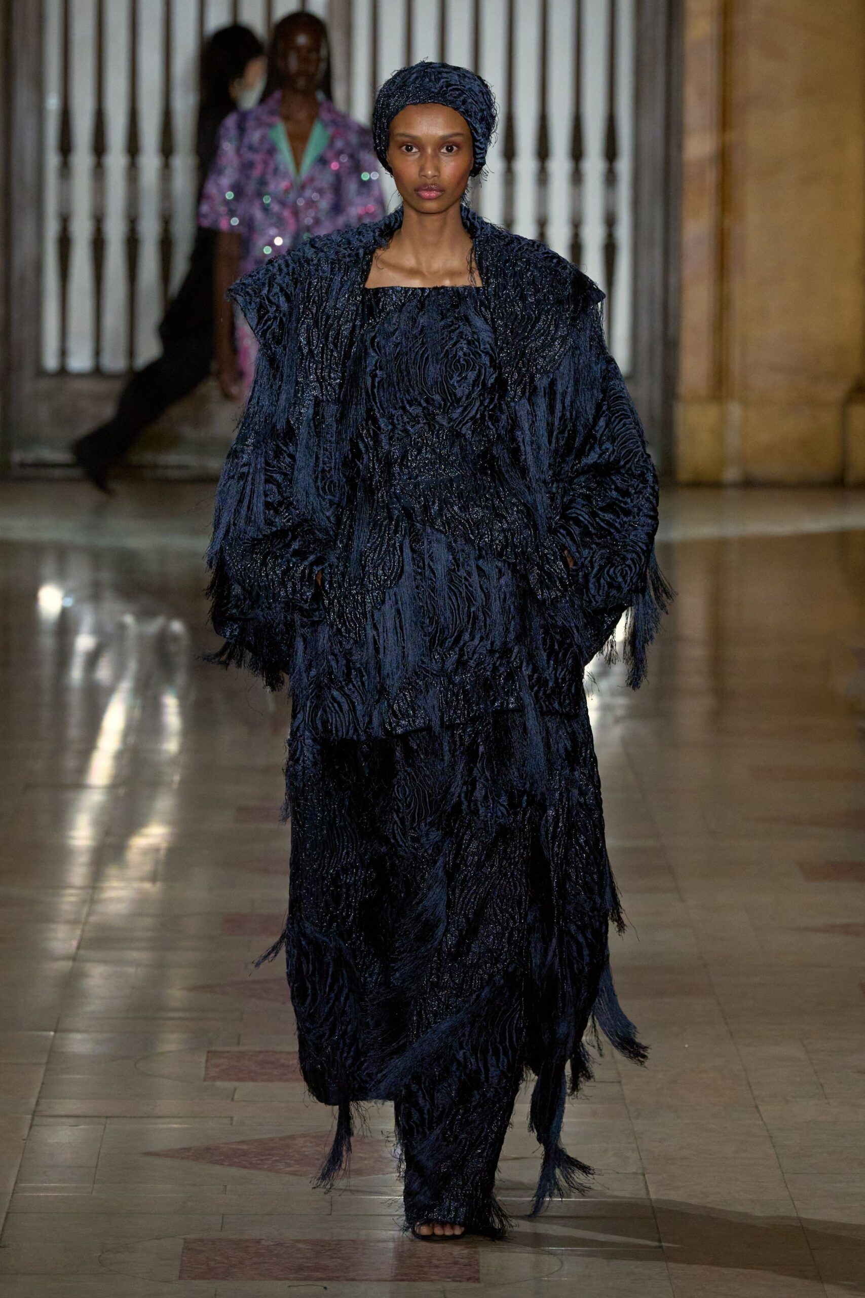 blue fringed maxi dress with hat