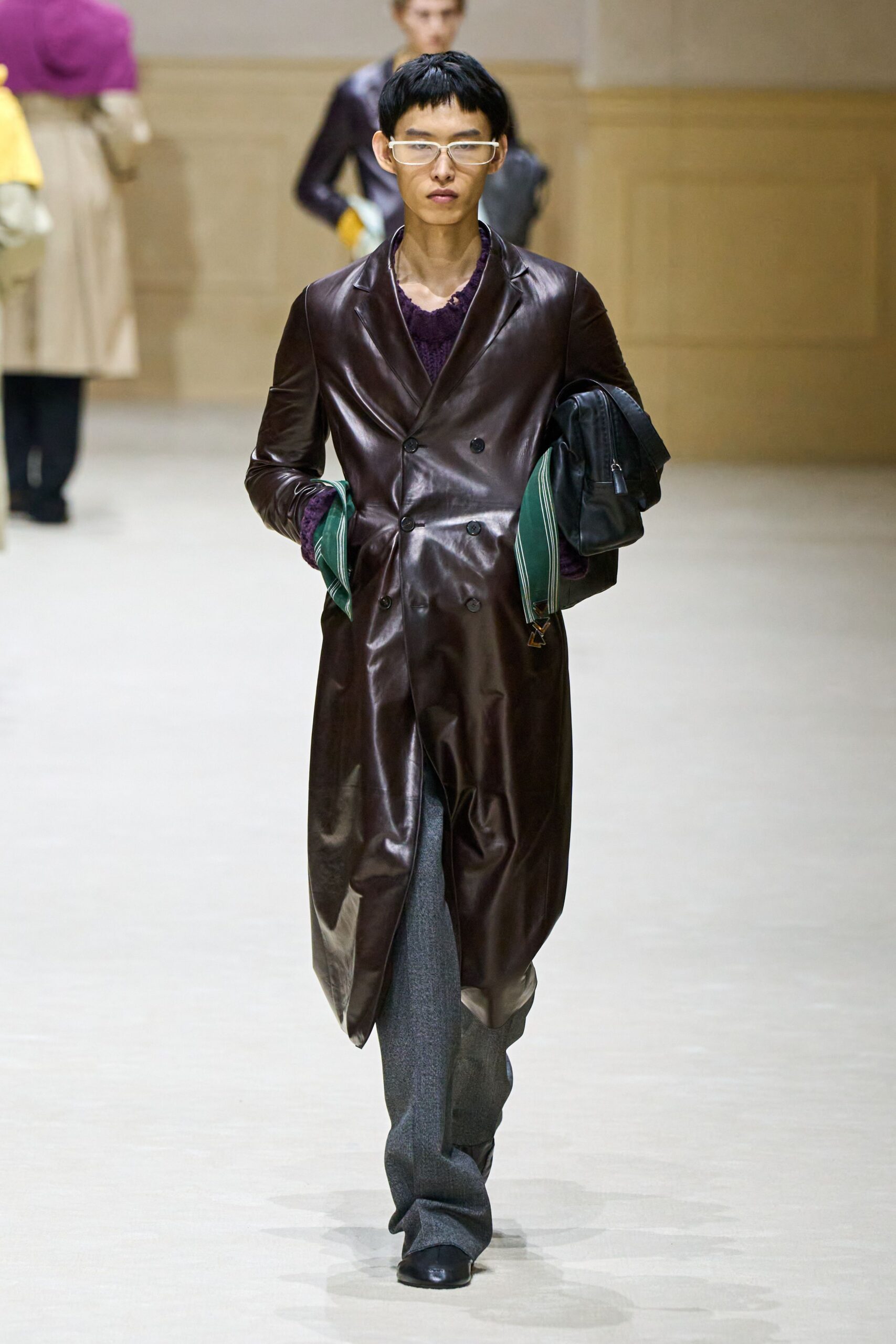 brown leather coat gray pants