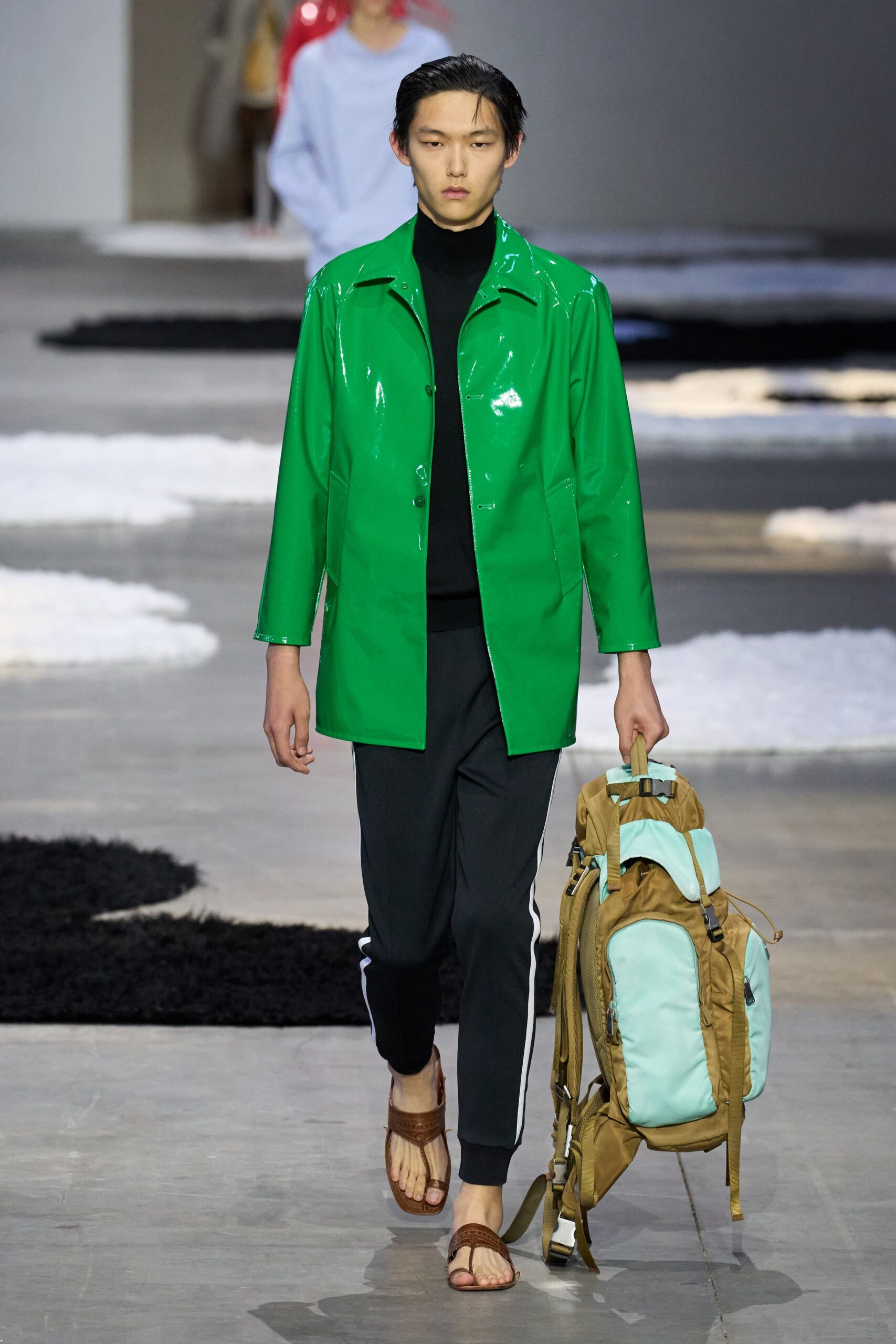 green vinyl long-sleeve collared fitted zippered shiny jacket