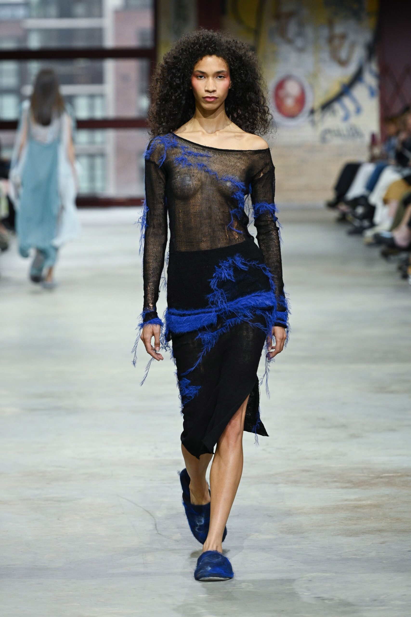 black cotton long-sleeve off-shoulder fitted fringed sheer dress