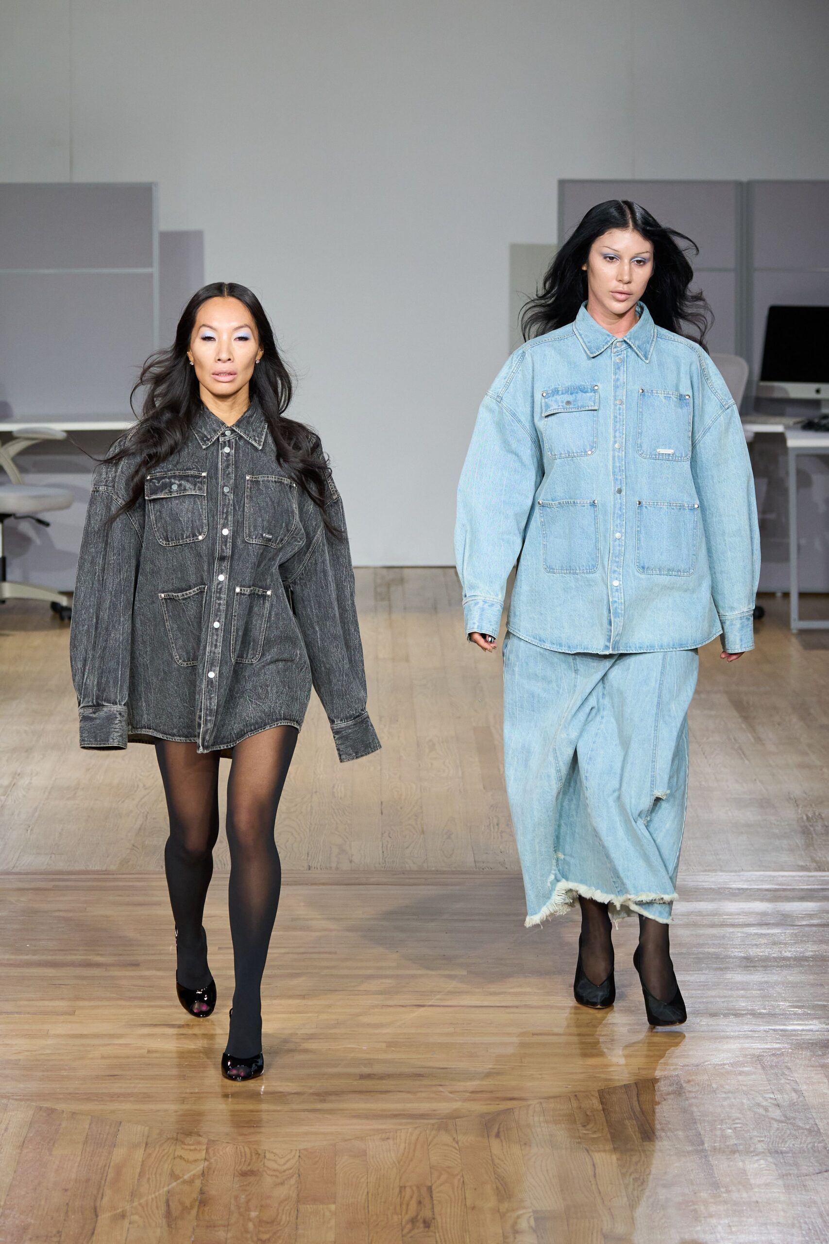 black denim long-sleeve collared oversized buttoned pockets dress