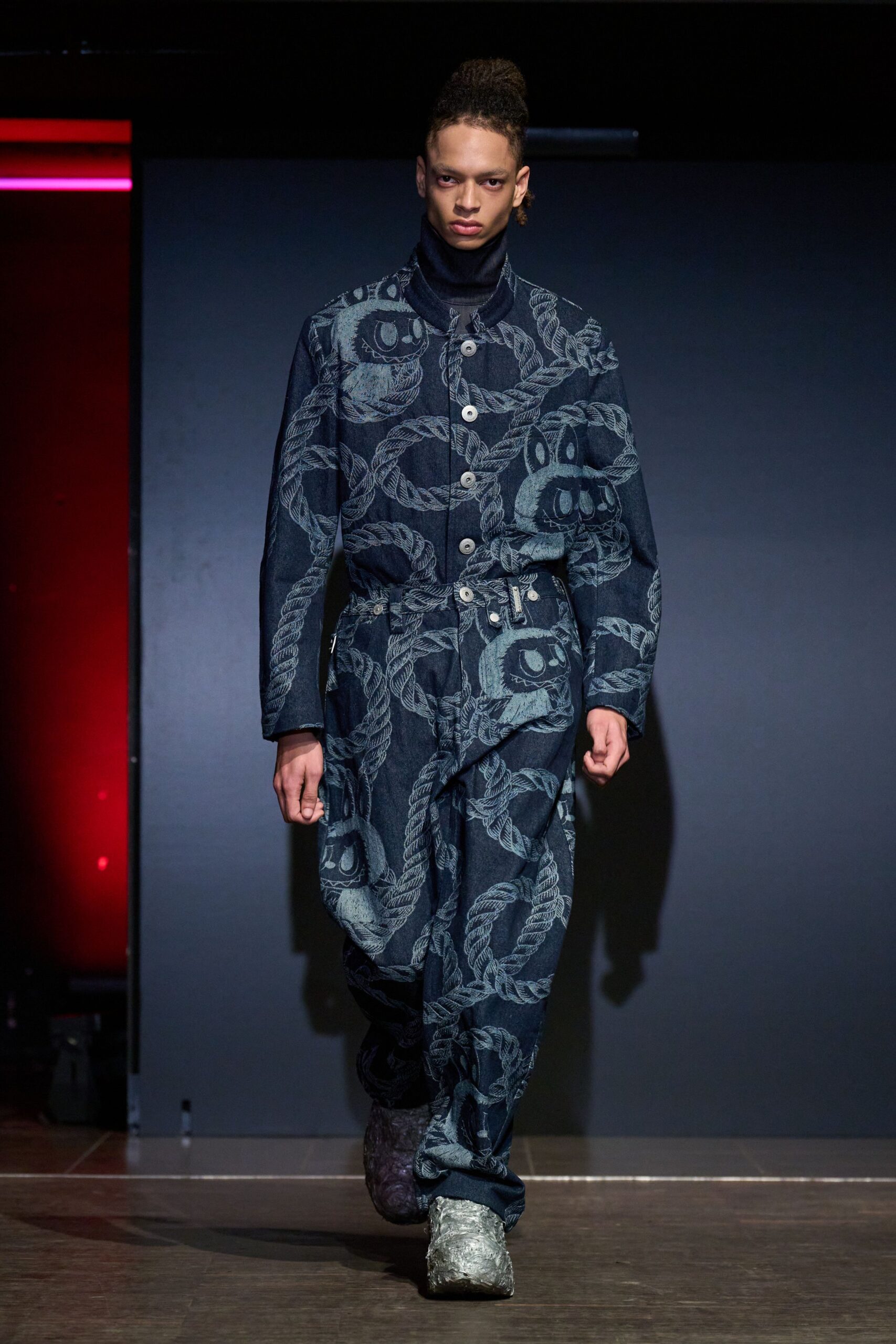 blue denim long-sleeve collared relaxed printed jumpsuit