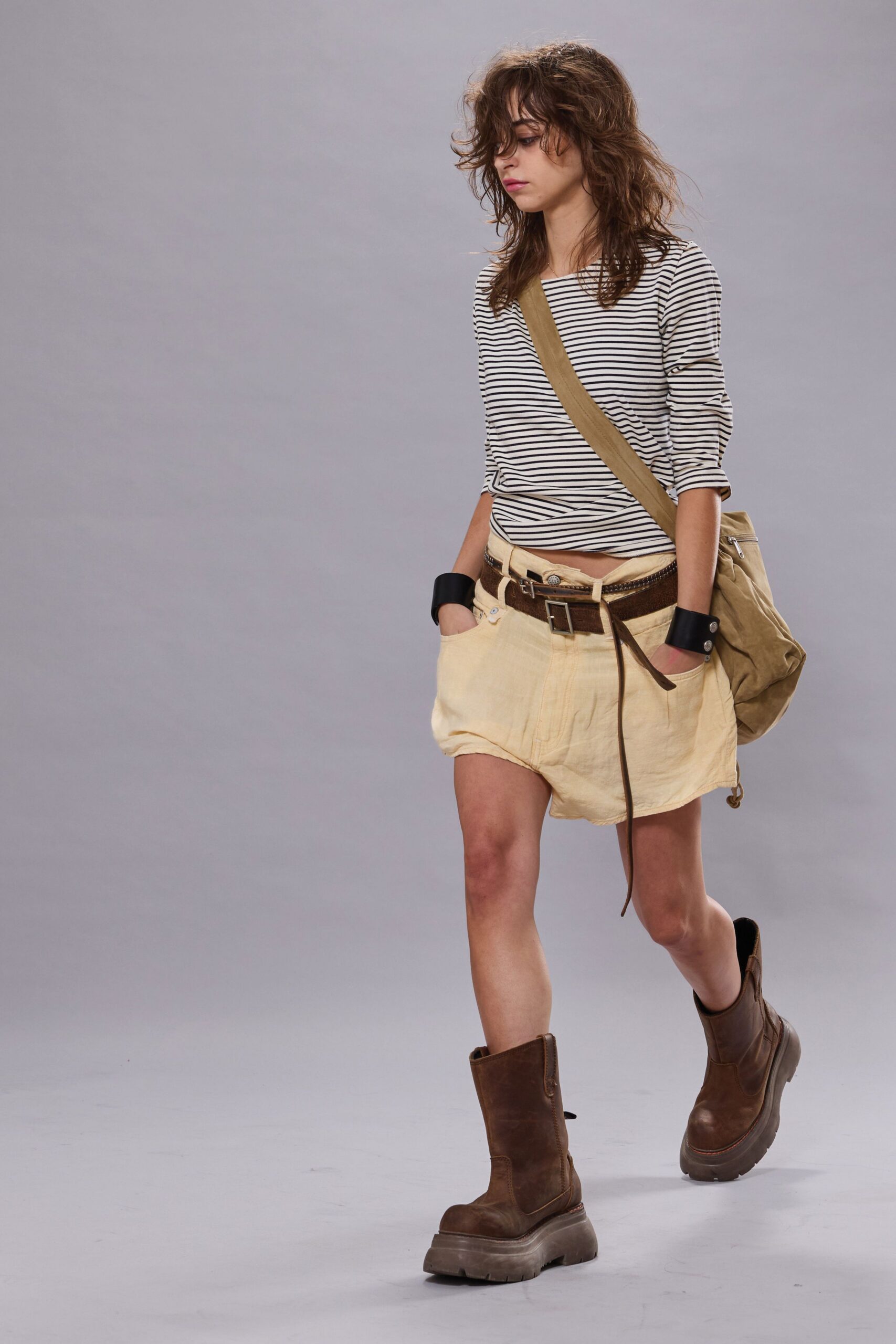 striped top beige skirt brown boots
