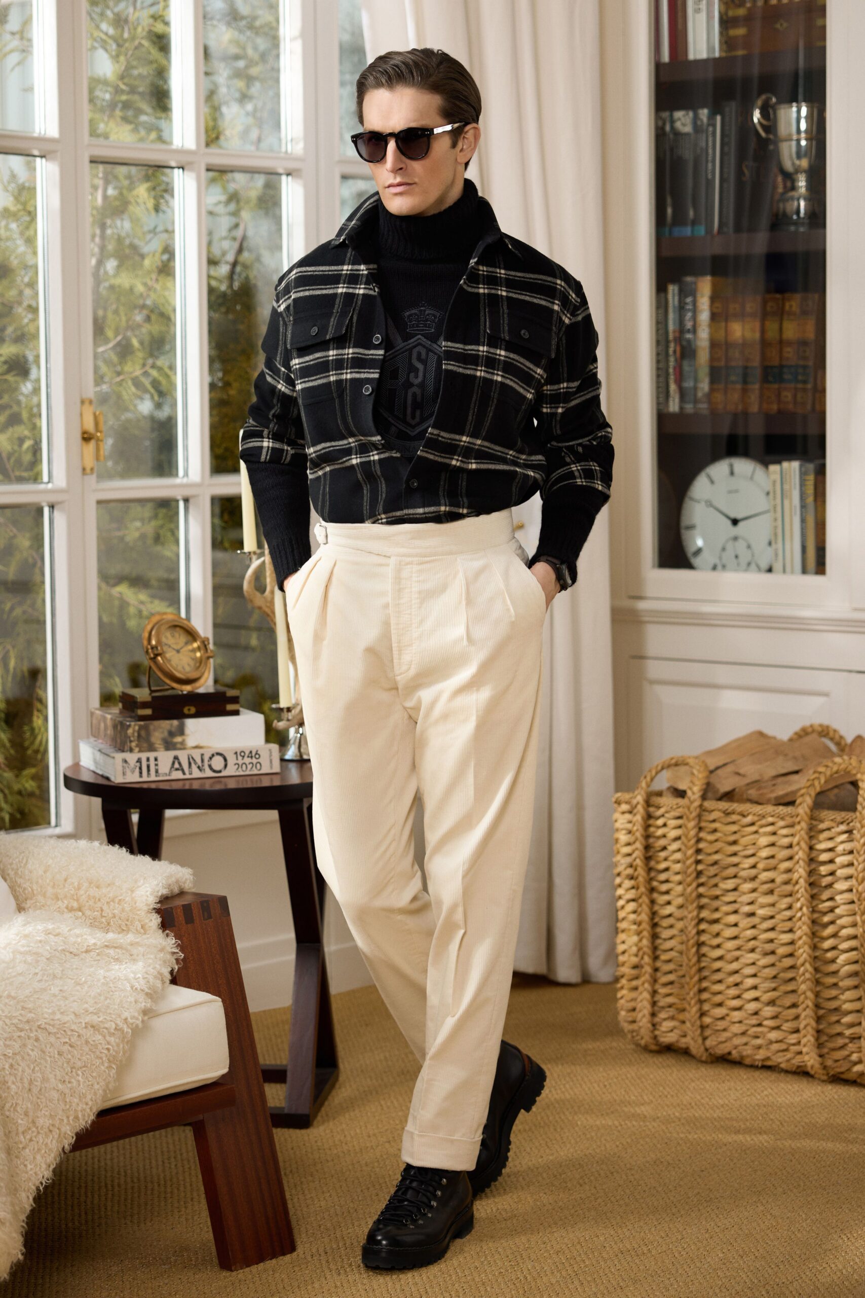 black and white checked jacket with beige pants