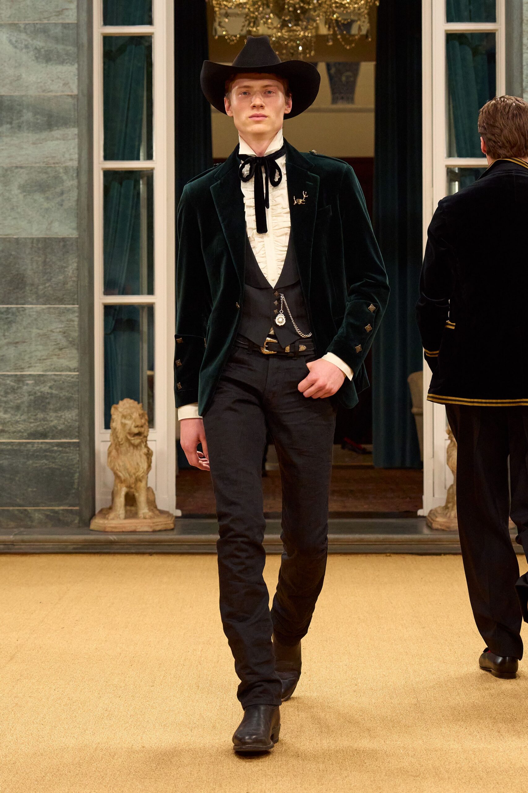 green velvet long-sleeve collared tailored buttoned jacket