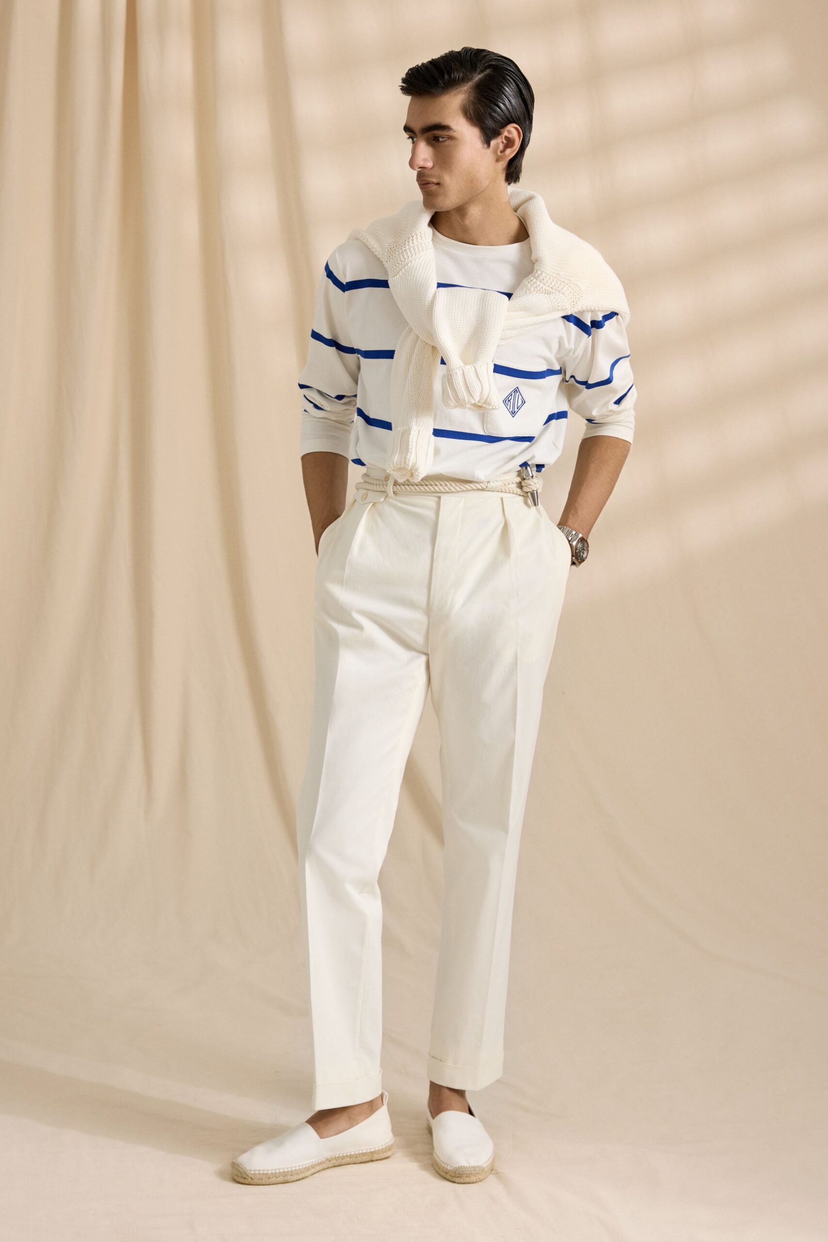 white and blue striped top with tailored pants