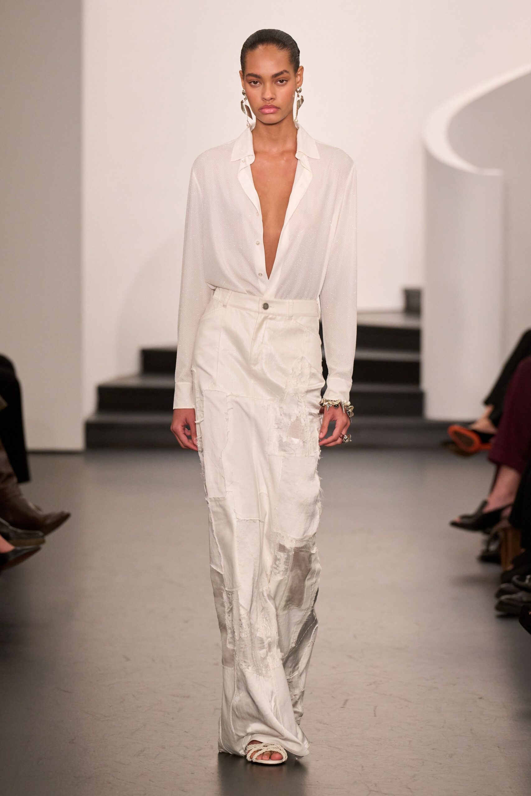 white silk long-sleeve v-neck fitted buttoned sheer shirt