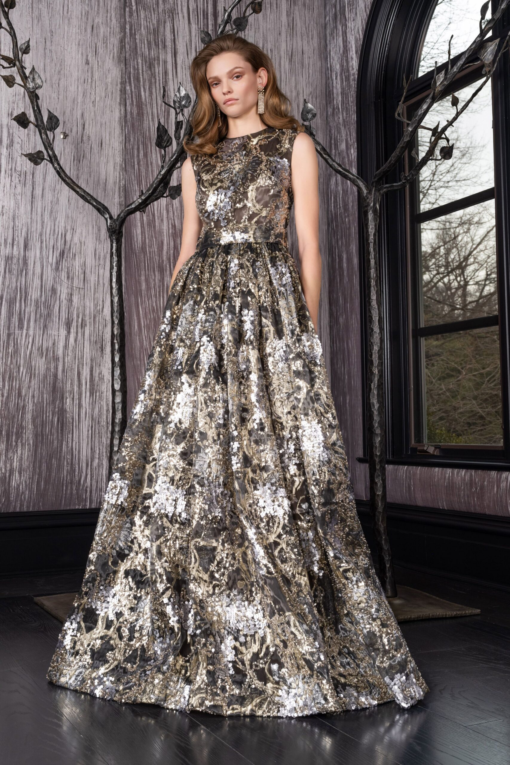 gold and black sequined gown