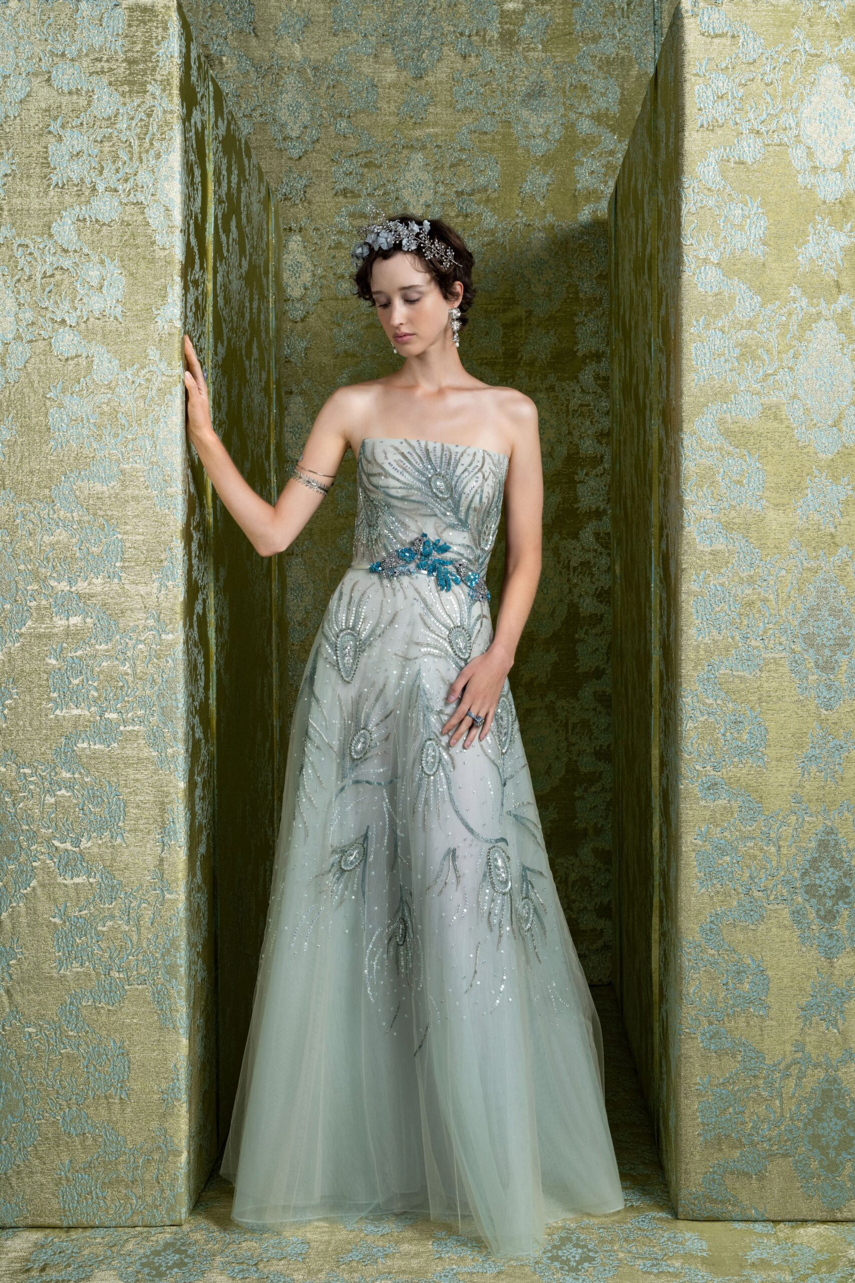 white strapless embroidered gown
