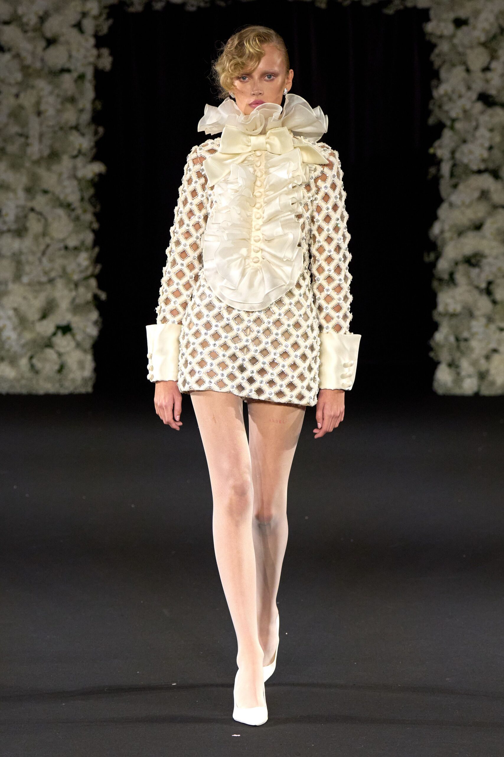 white silk long-sleeve high-neck fitted ruffled embroidered dress