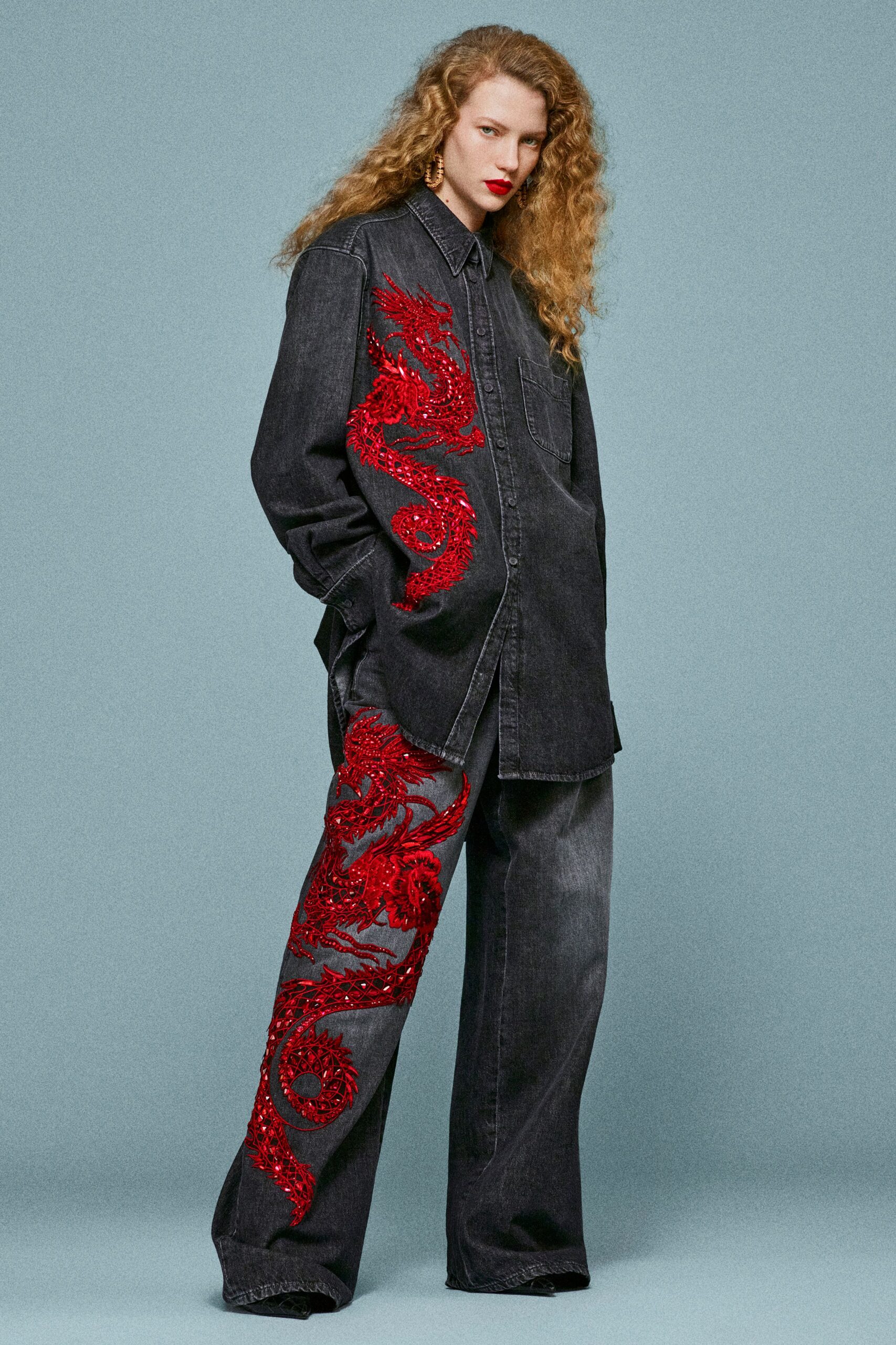 black denim relaxed embroidered pants