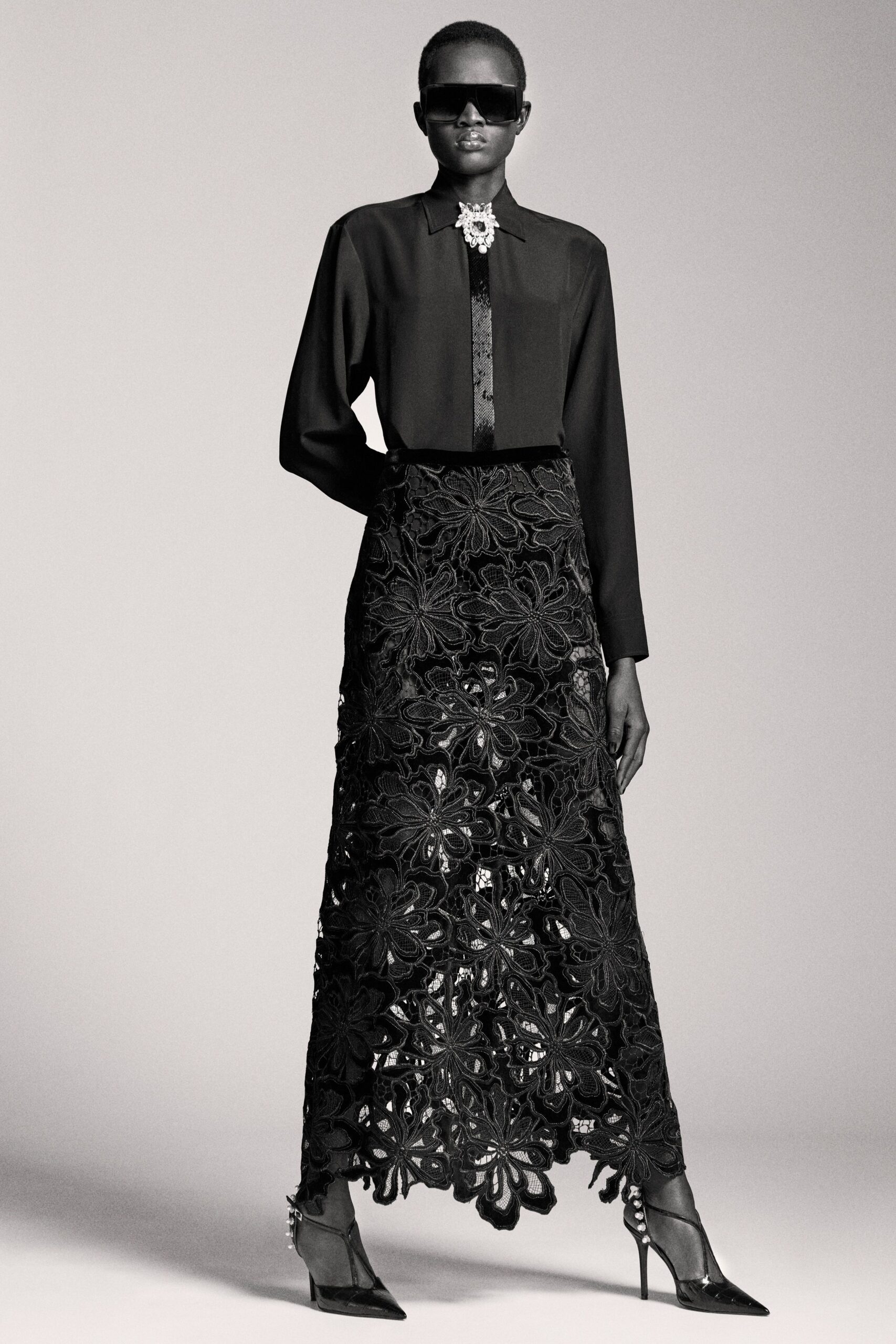black silk long-sleeve collared fitted buttoned blouse