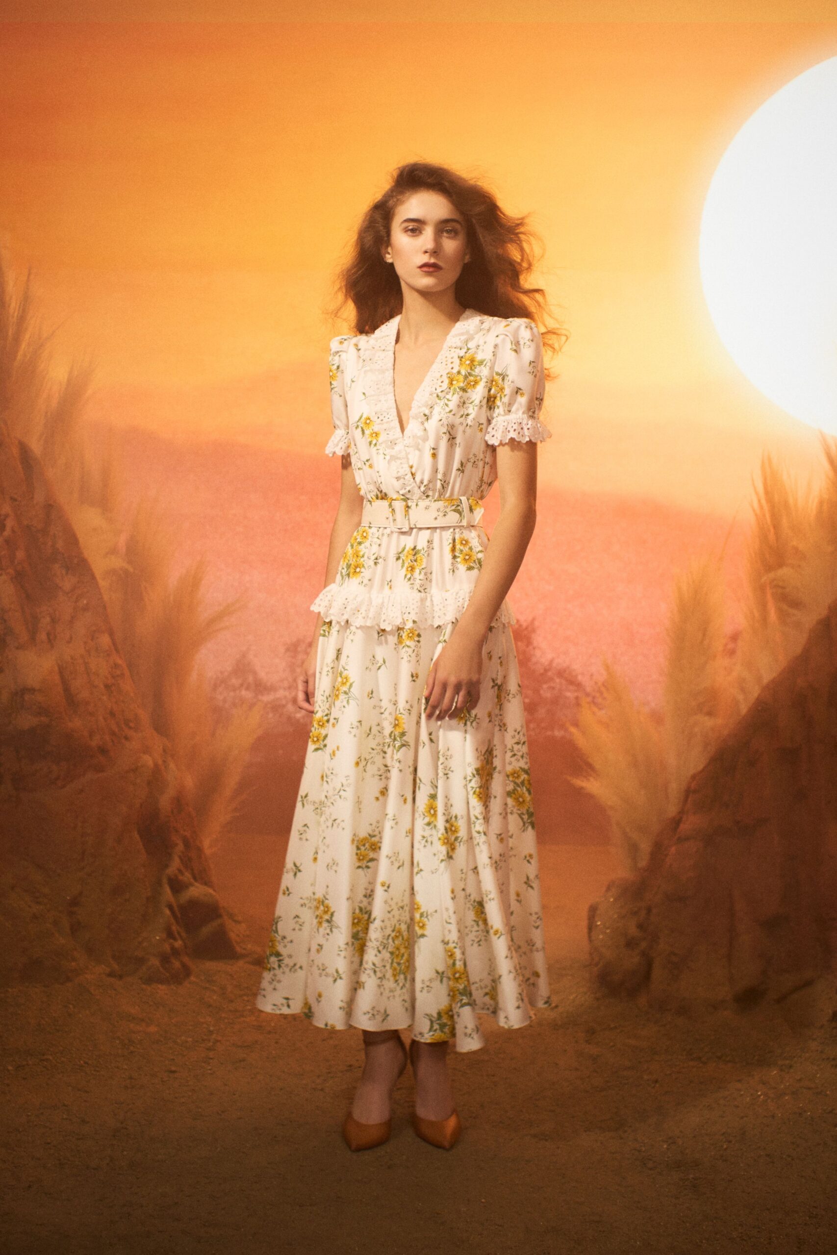 white cotton short-sleeve v-neck fitted floral tiered dress