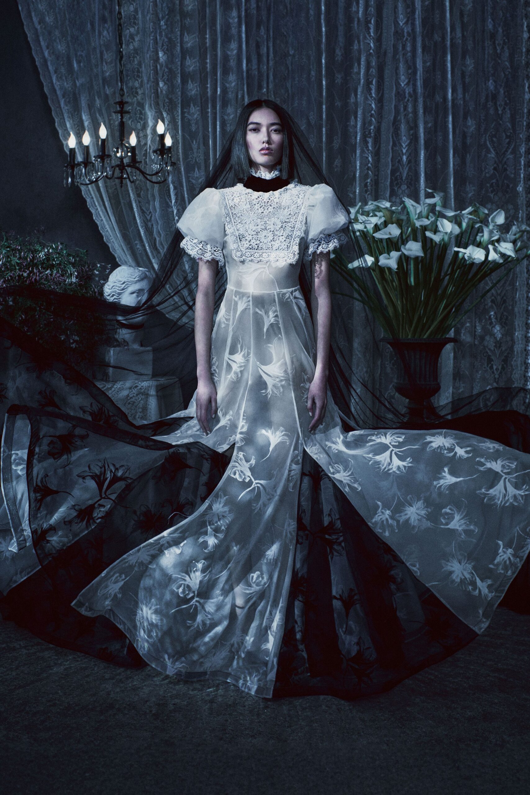 black and white embroidered gown