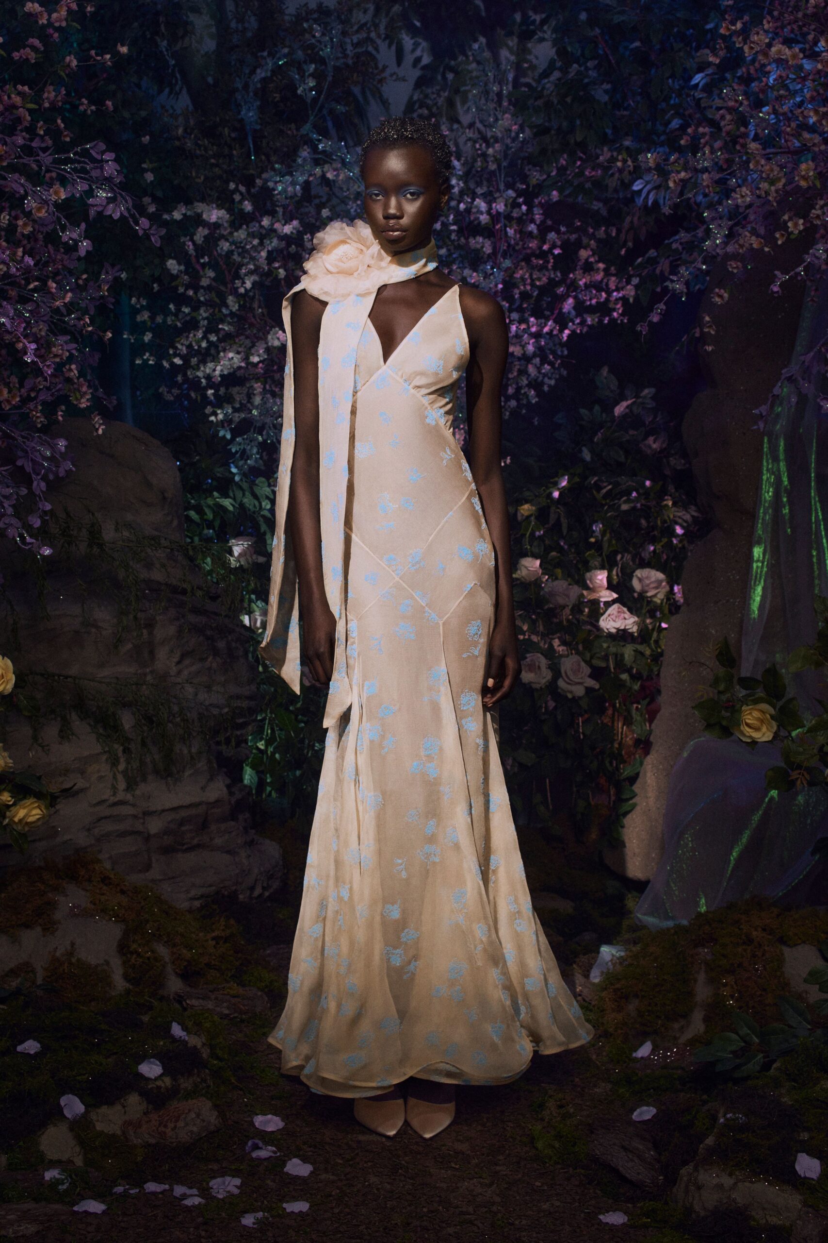 beige silk sleeveless v-neck fitted floral draped gown