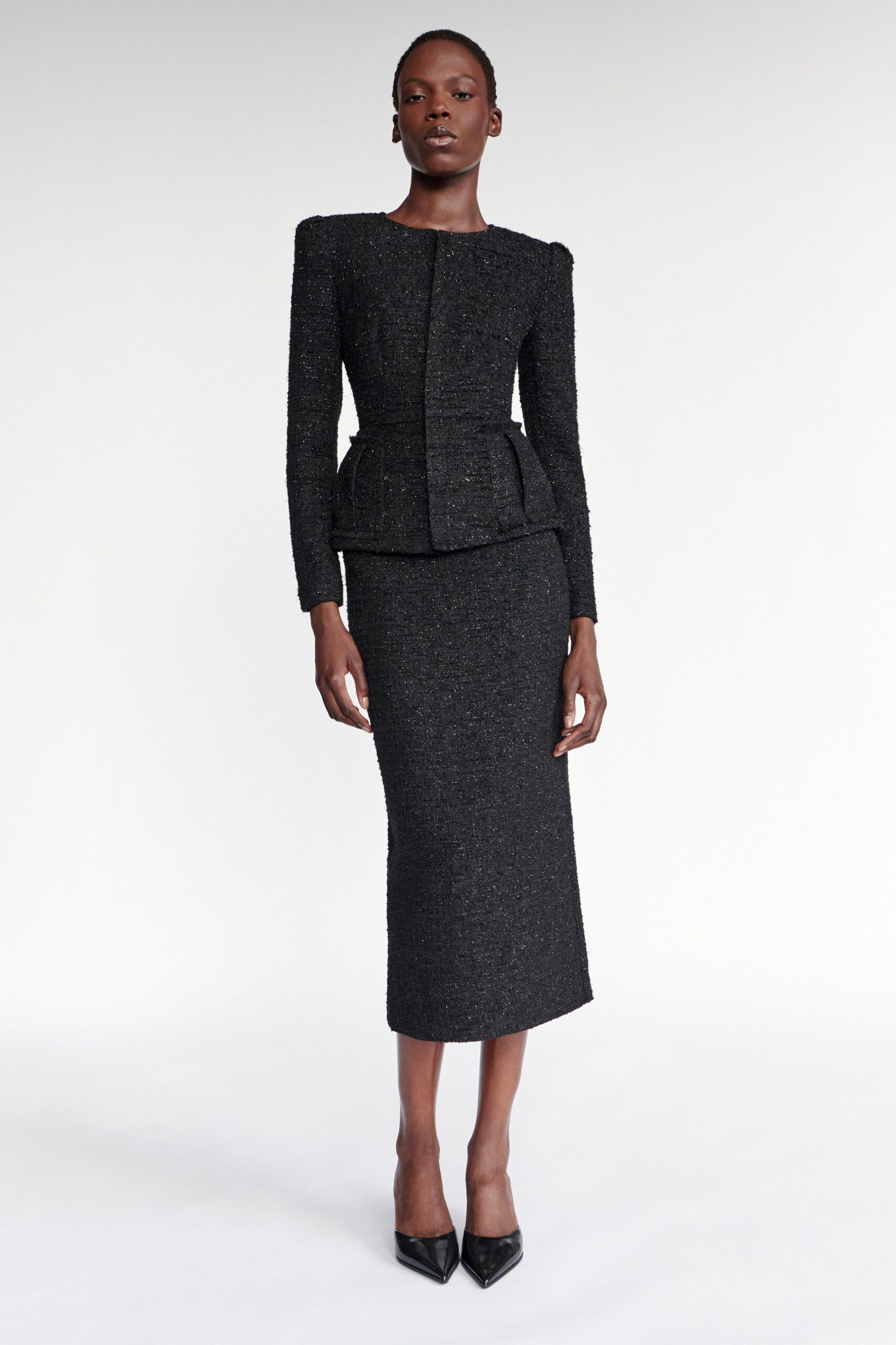 black tweed long-sleeve collared structured buttoned blazer