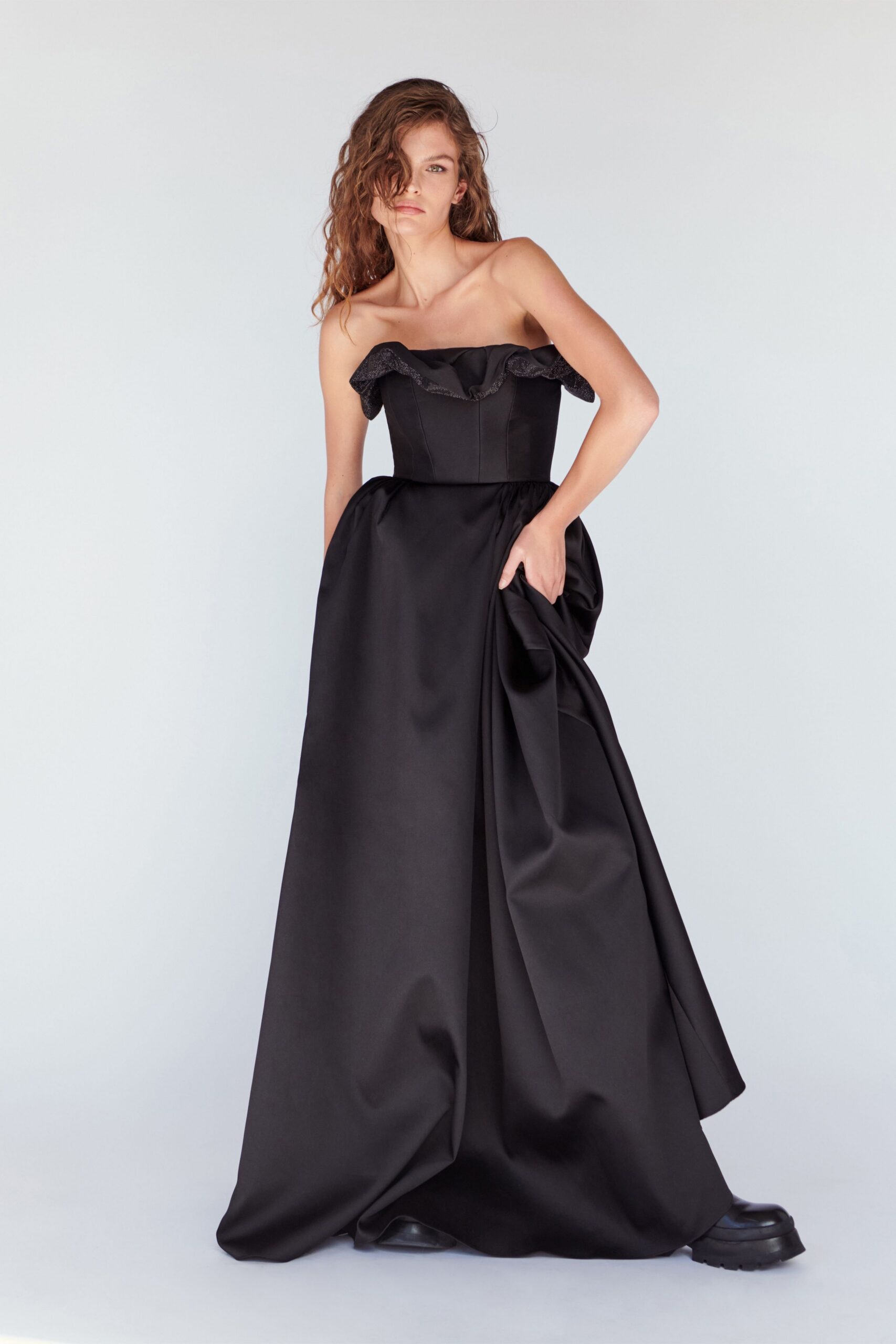 black silk strapless fitted ruffled draped maxi gown