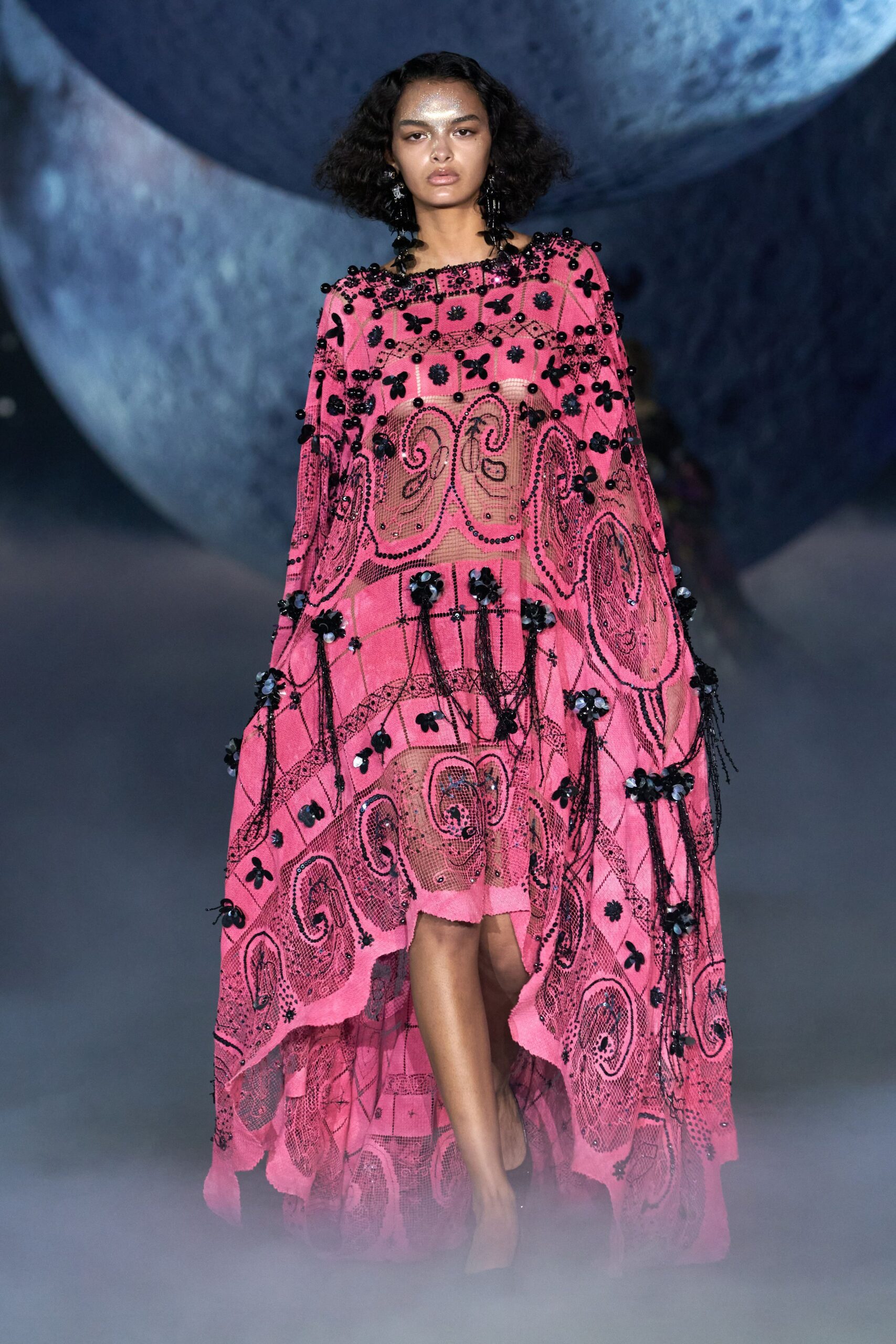 pink silk sleeveless relaxed embroidered fringed flowing cape