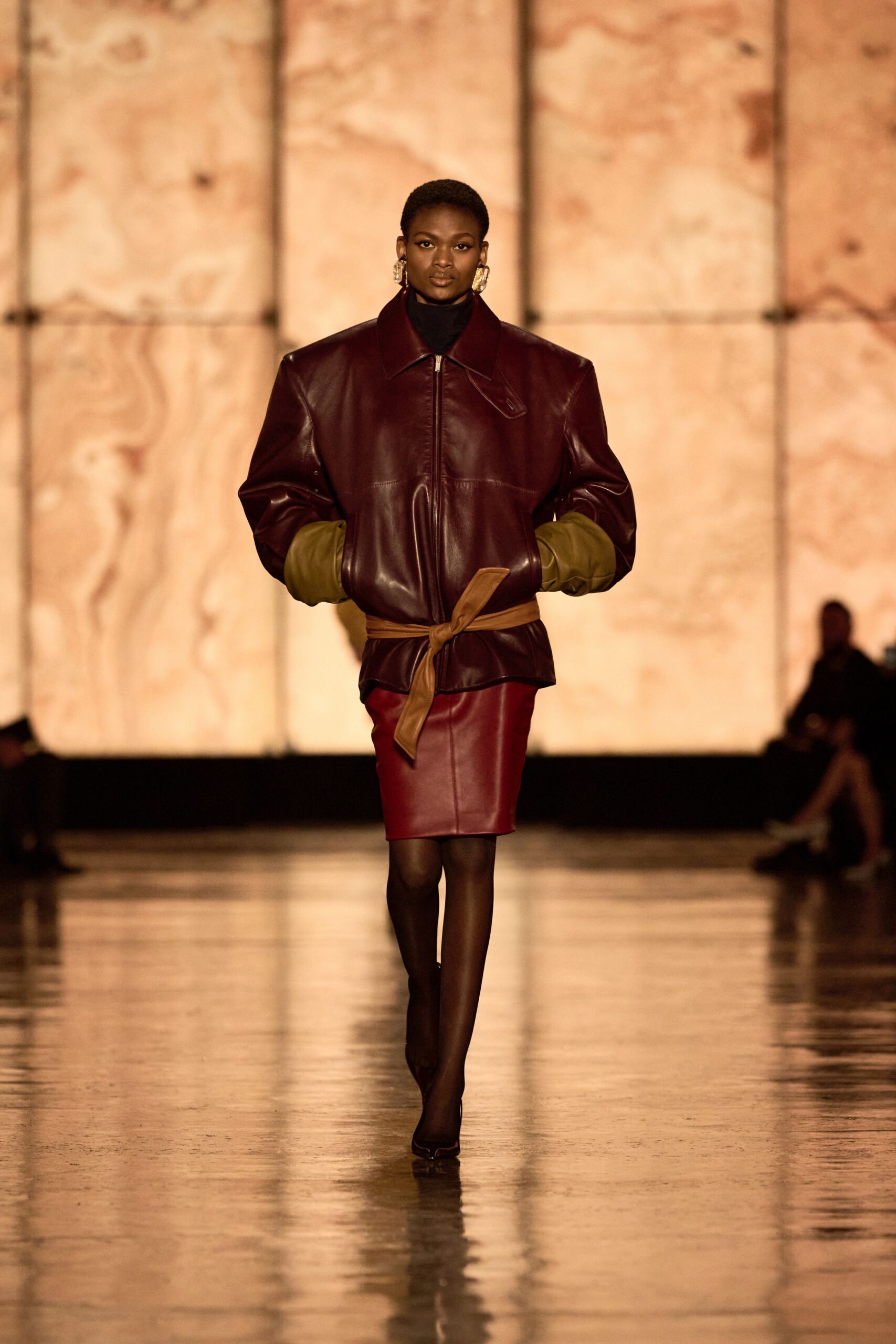 maroon leather long-sleeve collared oversized zippered belted jacket