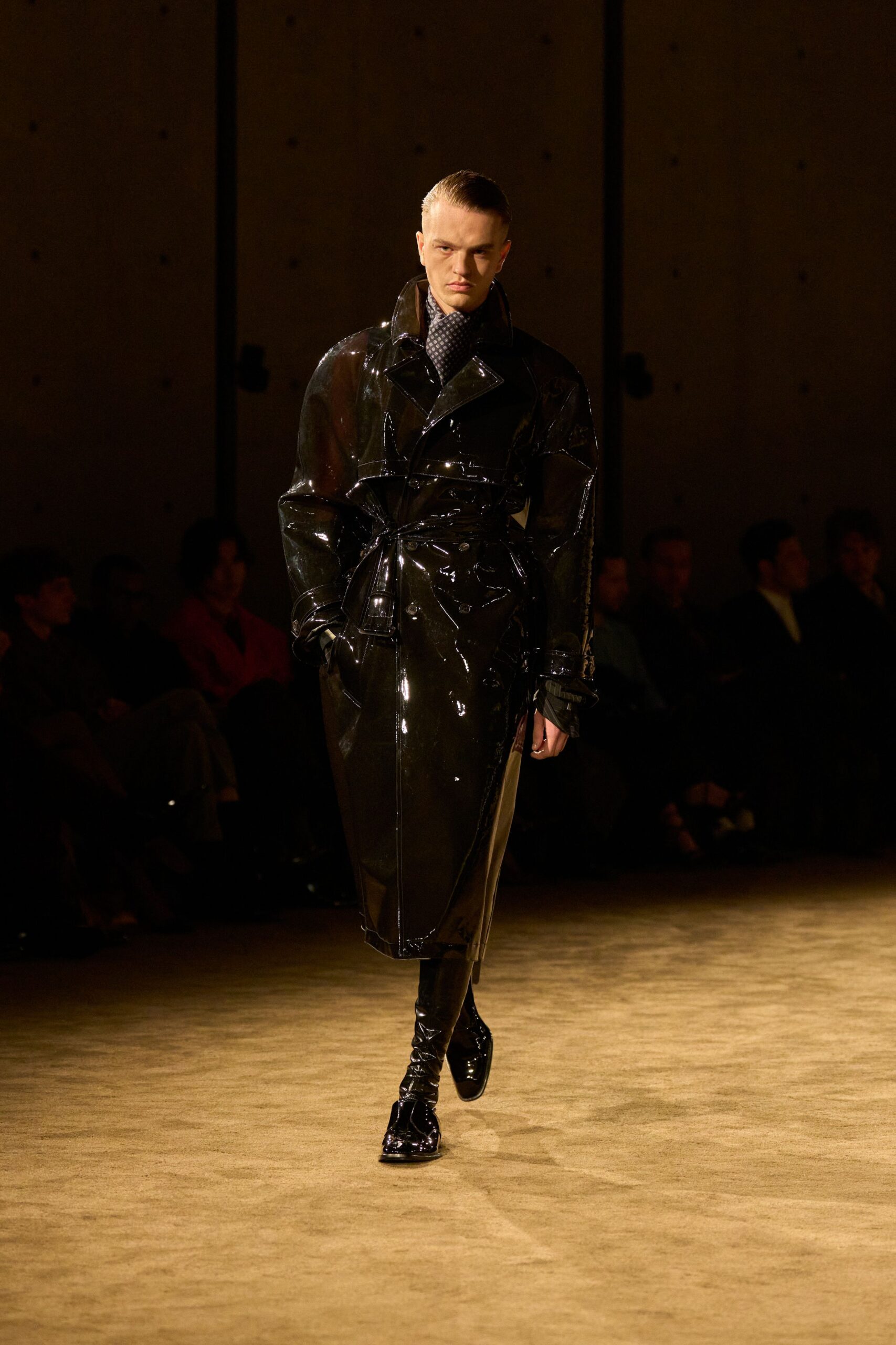 black vinyl long-sleeve collared fitted zippered belted trench