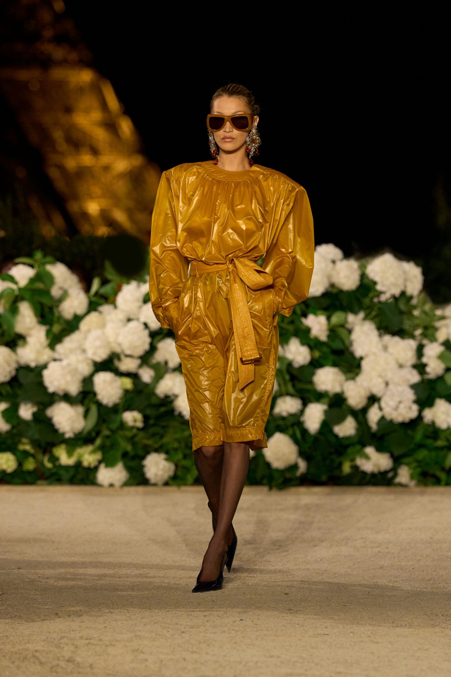 yellow vinyl long-sleeve collared relaxed belted midi dress