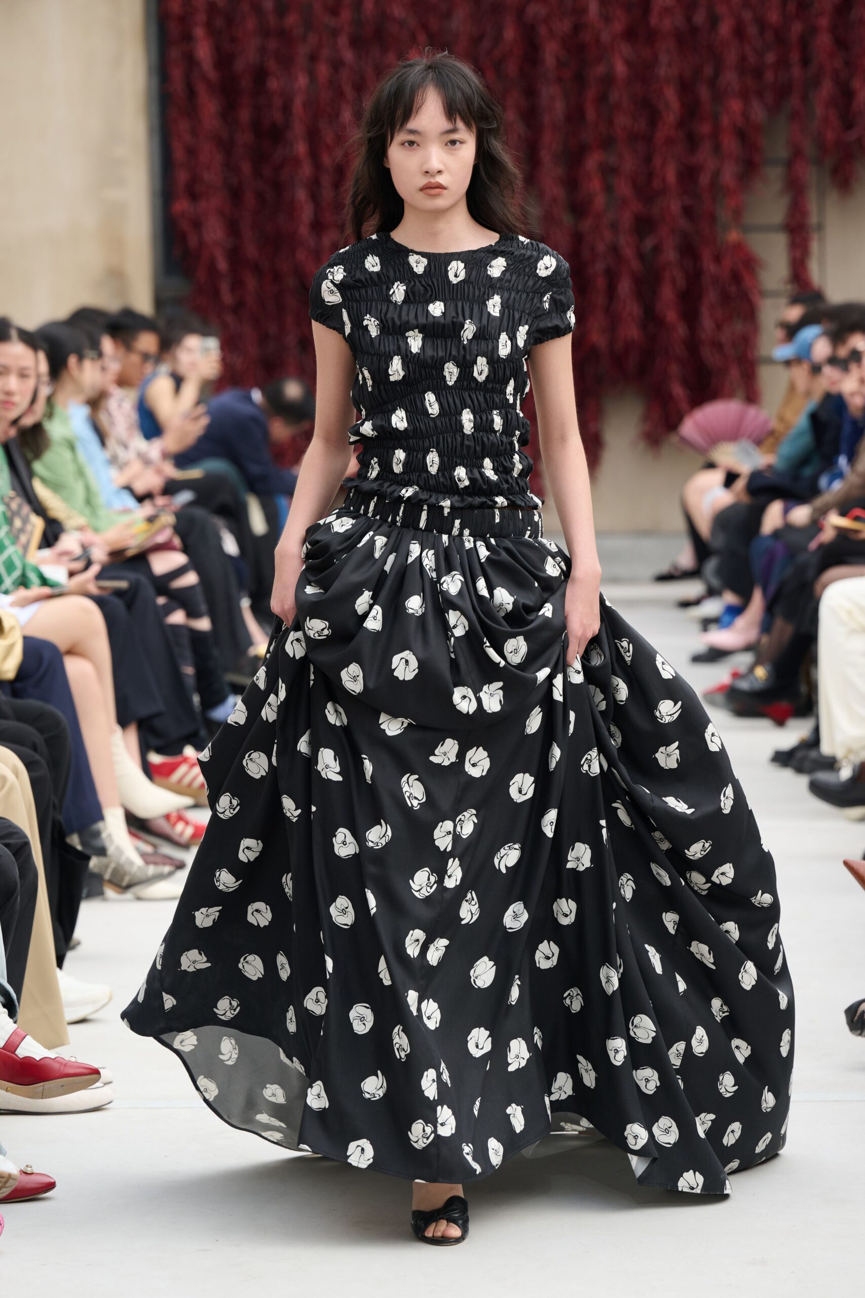 black cotton relaxed tiered printed flowing maxi skirt