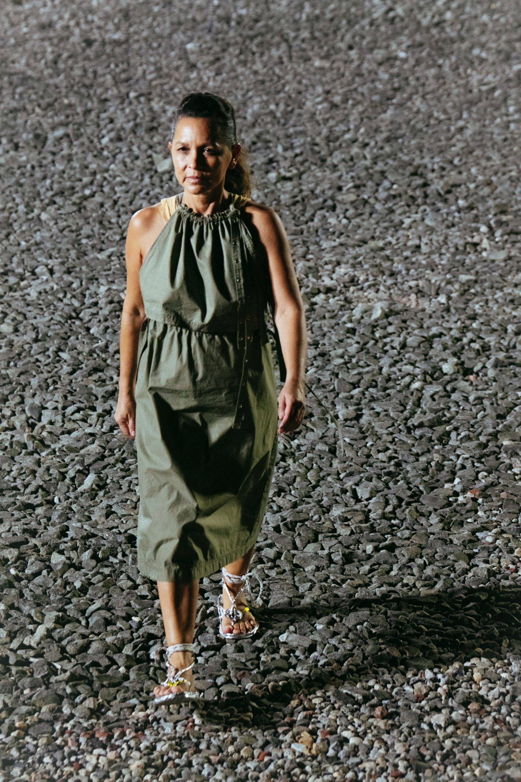 green cotton sleeveless high-neck relaxed draped midi dress
