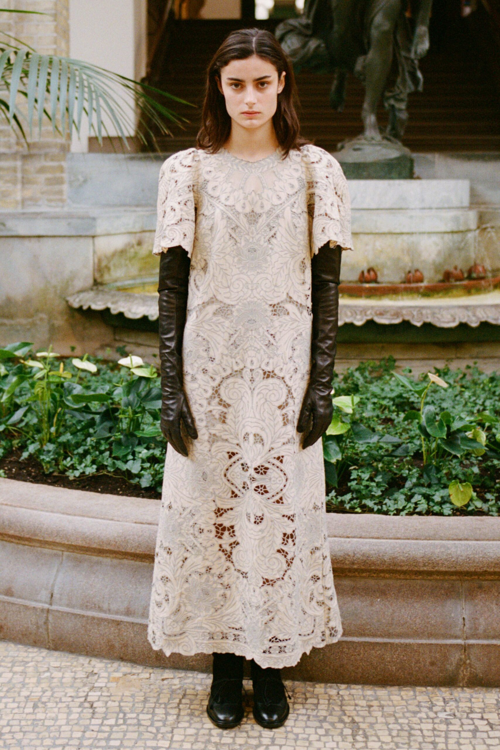 beige lace short-sleeve v-neck fitted embroidered tiered dress