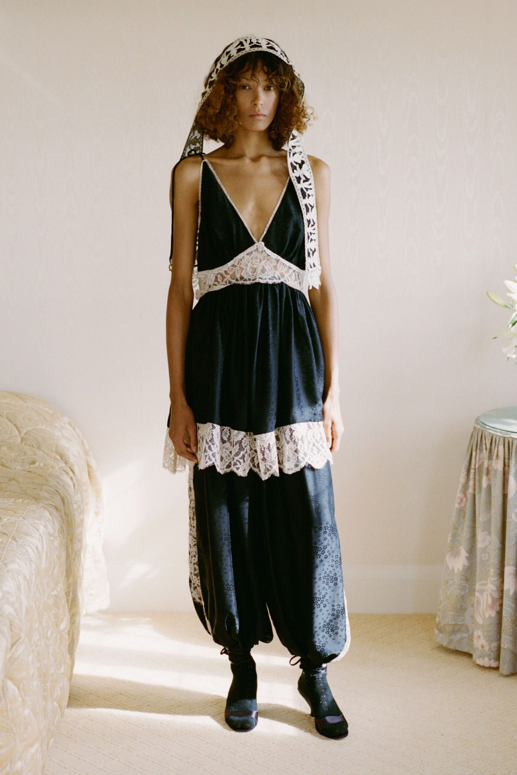black silk maxi dress with hat