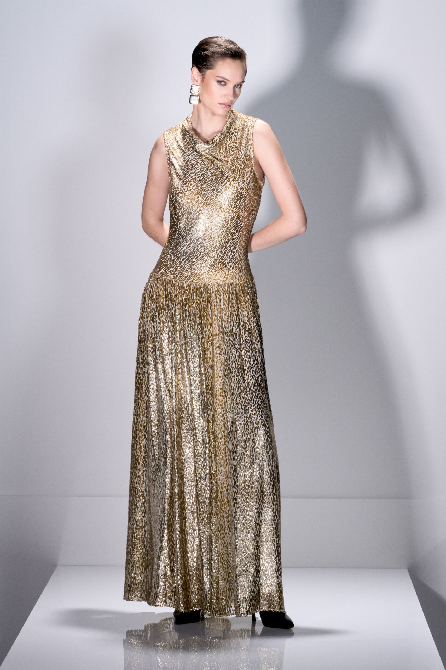gold metallic sleeveless high-neck fitted pleated draped gown