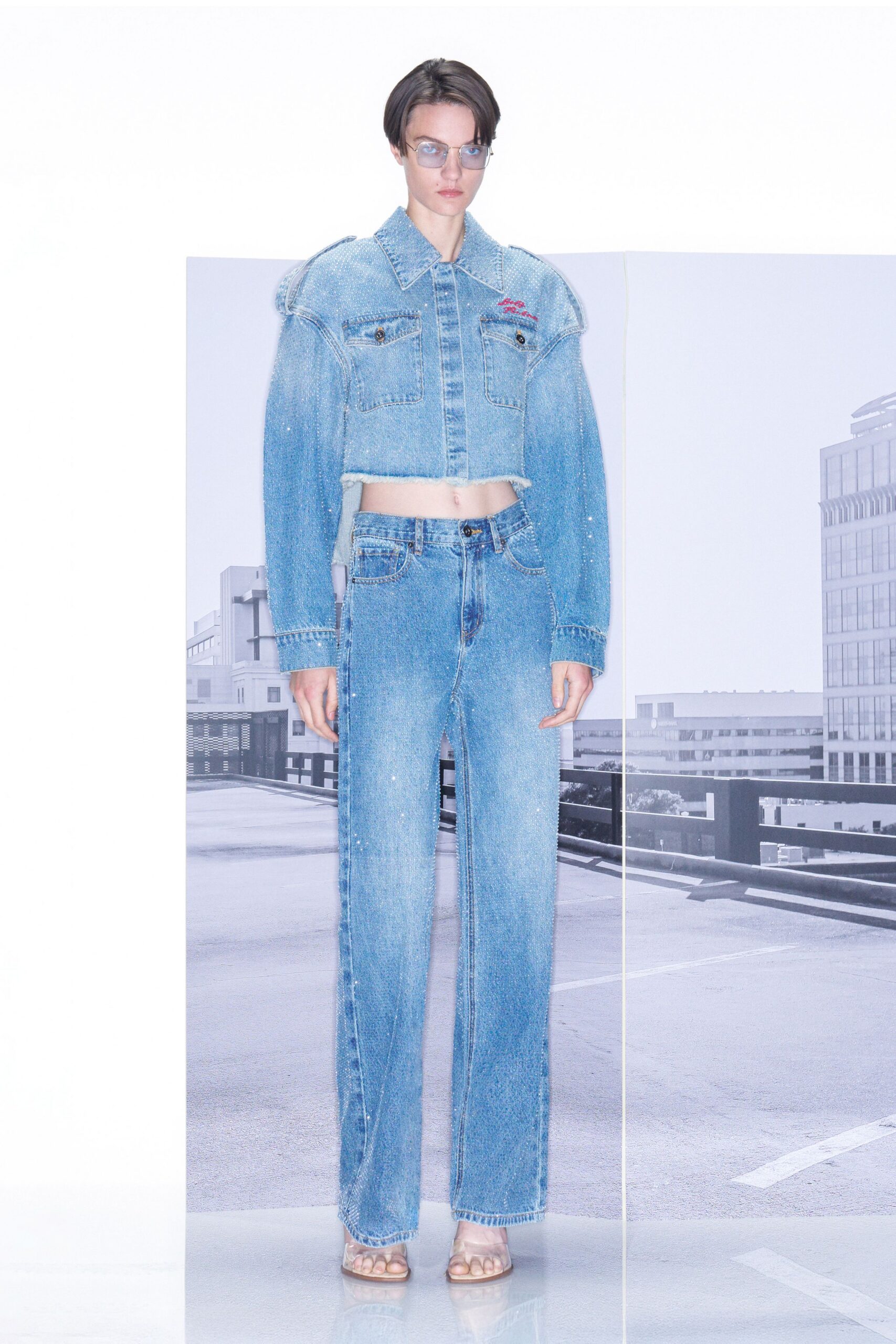 blue denim long-sleeve collared fitted fringed cropped jacket