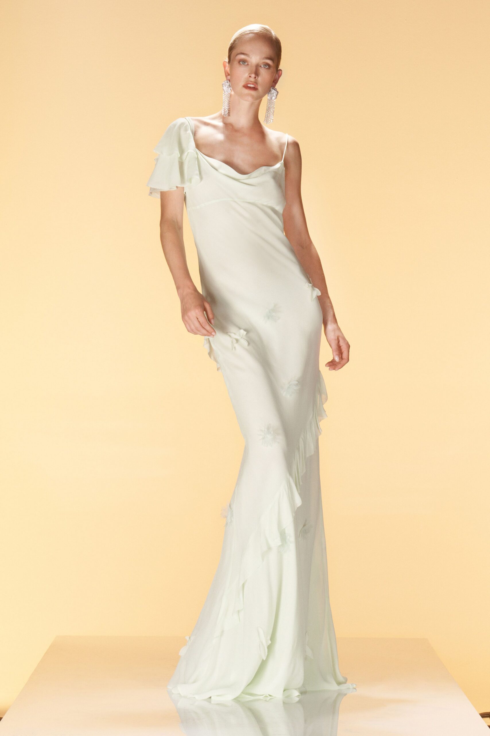 light green silk fitted gown