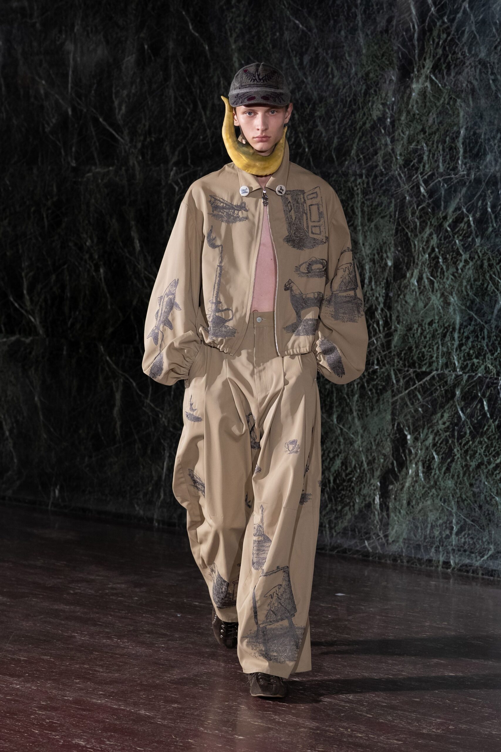 beige cotton long-sleeve collared relaxed printed jacket