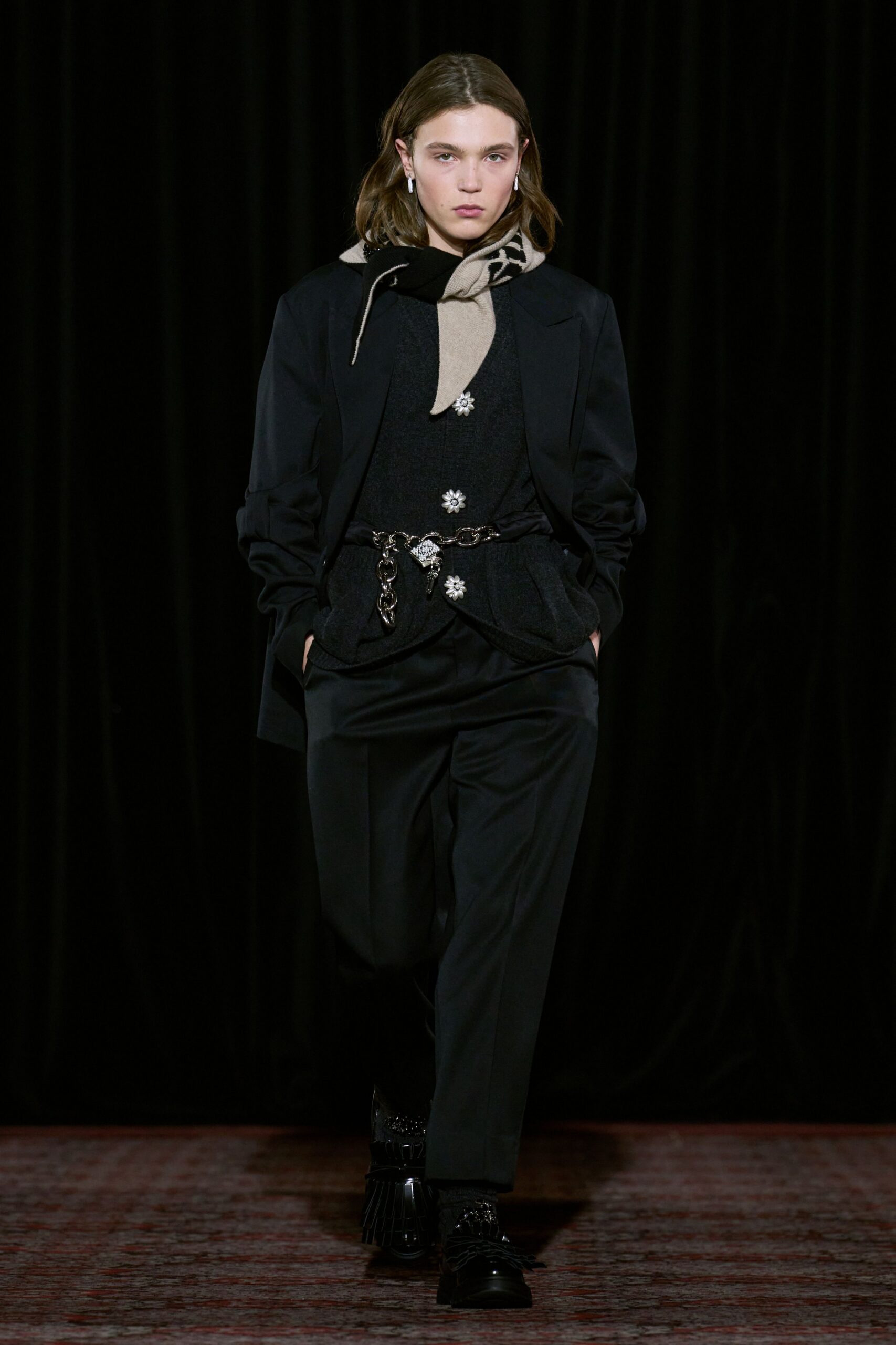 black tailored blazer with scarf