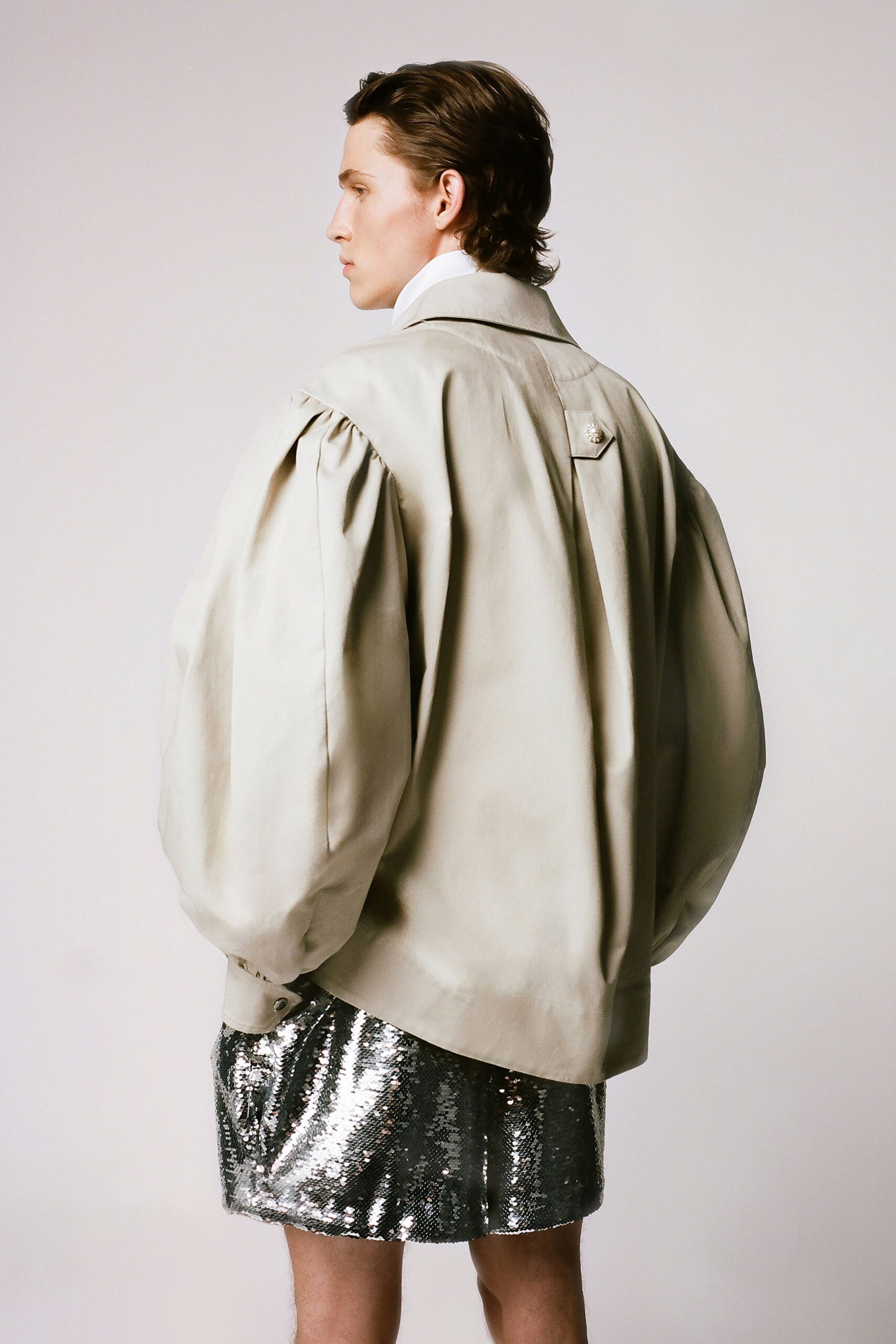 beige cotton long-sleeve collared oversized buttoned jacket